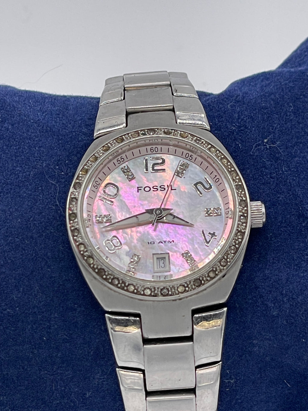 Fossil Women’s Crystal Stainless Steel Watch – Pink Mother-of-Pearl Dial, Date Display, 10 ATM Water Resistance - Pre-Owned
