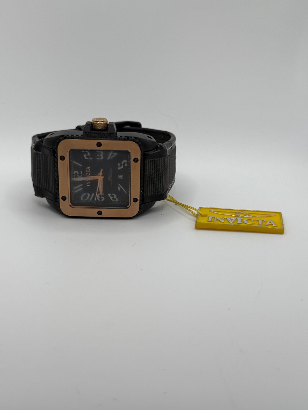 Invicta Men’s Cuadro Quartz Watch – Black Dial, Gold-Tone Bezel, Date Display - Pre-Owned