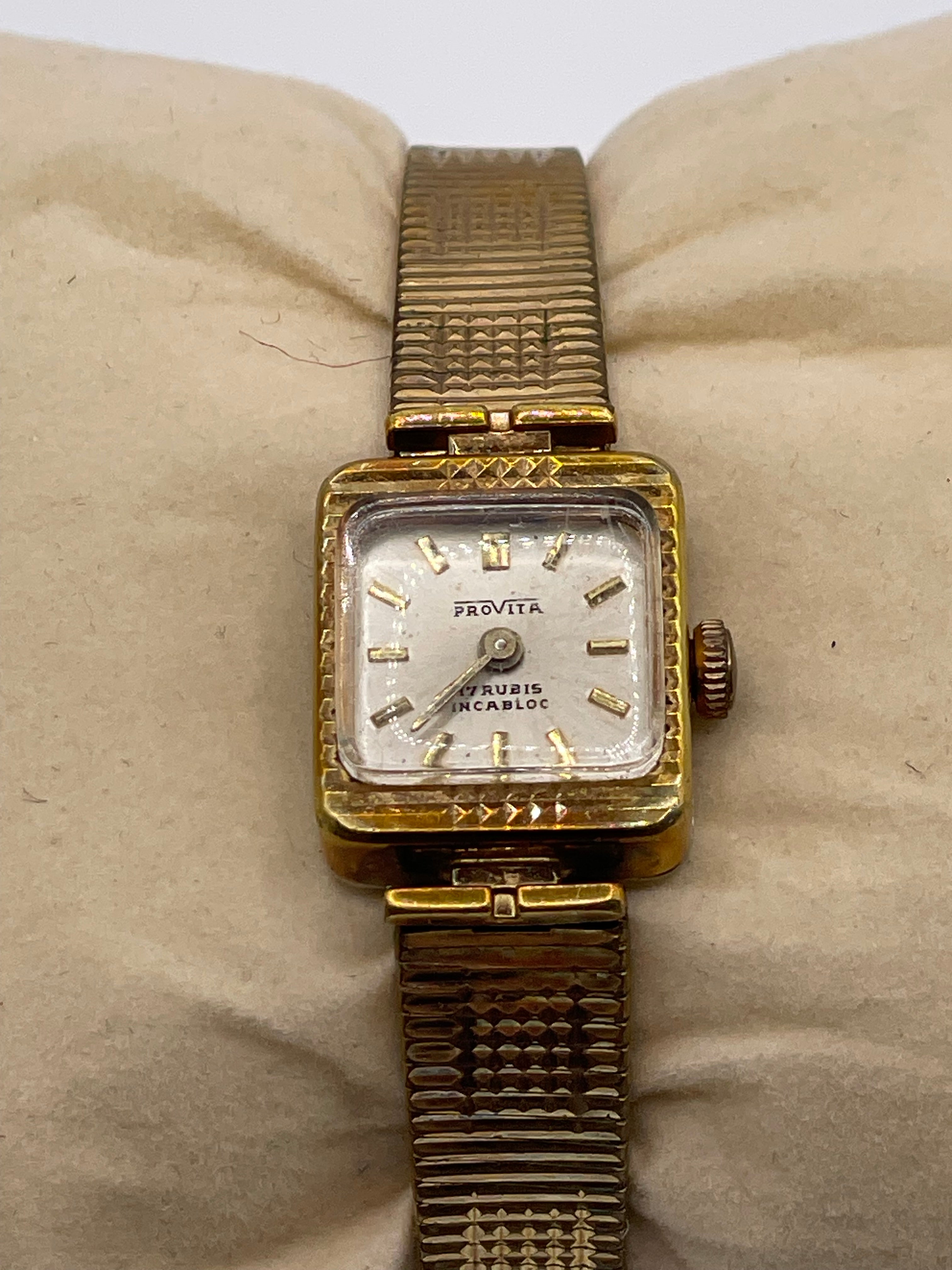 Vintage 1950s Provita Swiss Ladies Mechanical Watch – 17 Jewels Incabloc (Gold Tone, Rectangular) - Pre-Owned