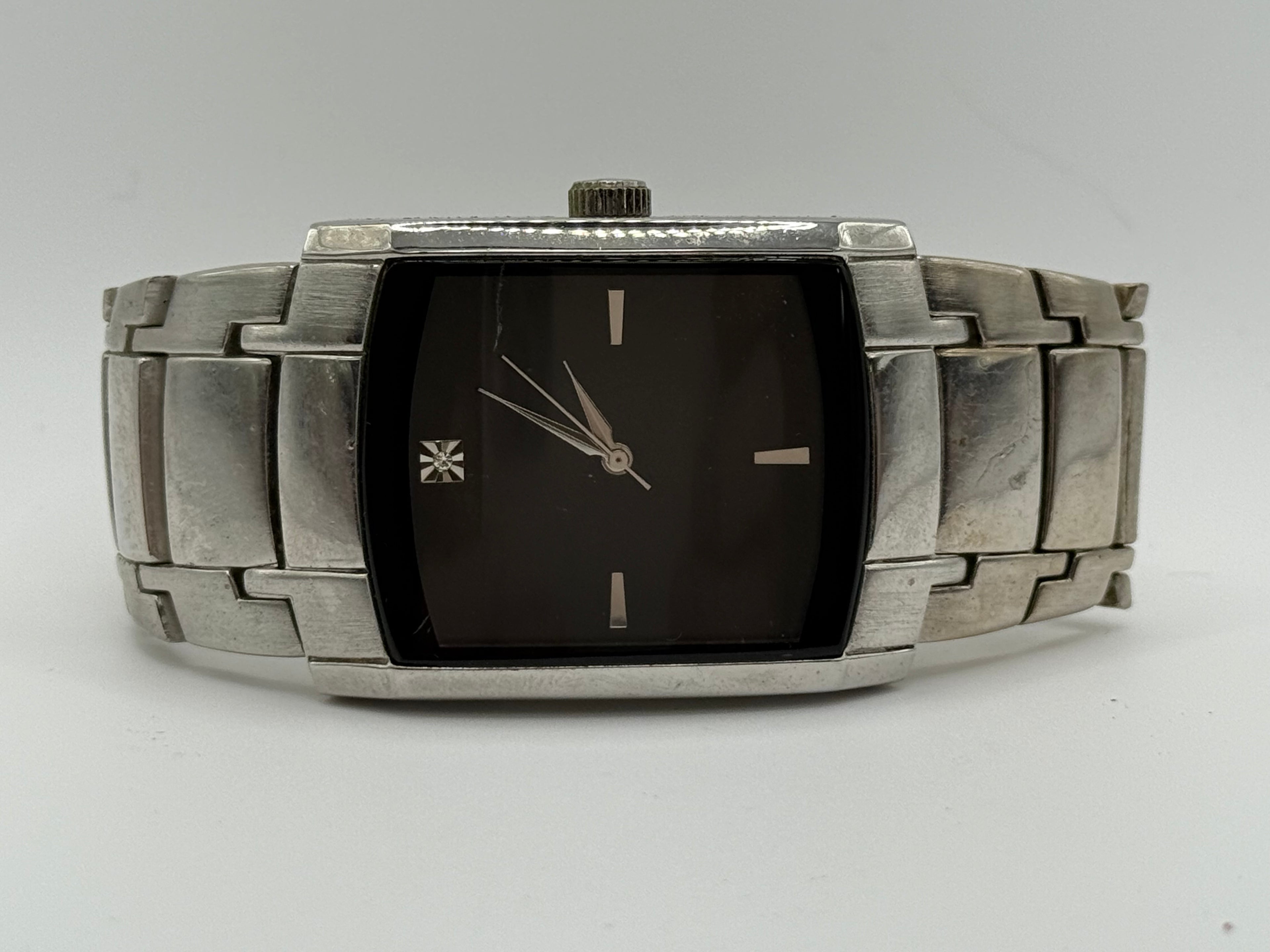 Men’s Rectangular Stainless Steel Quartz Watch – Black Dial - Pre-Owned