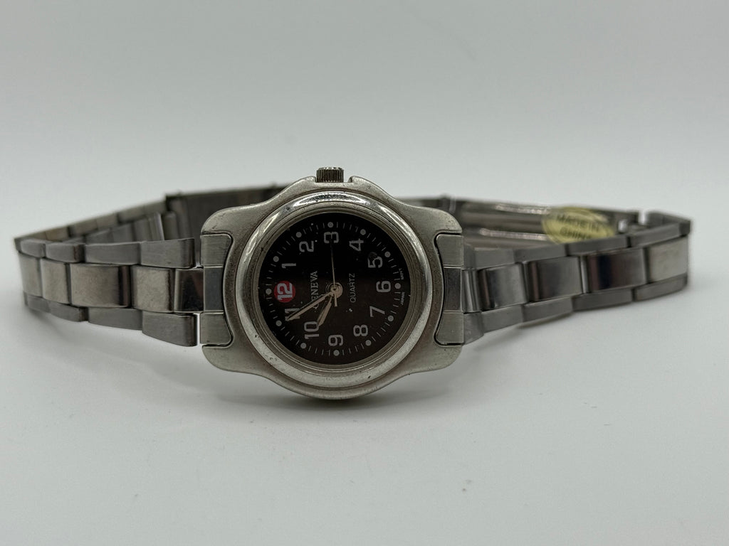 Geneva Stainless Steel Quartz Watch – Black Dial with Red 12 Accent - Pre-Owned
