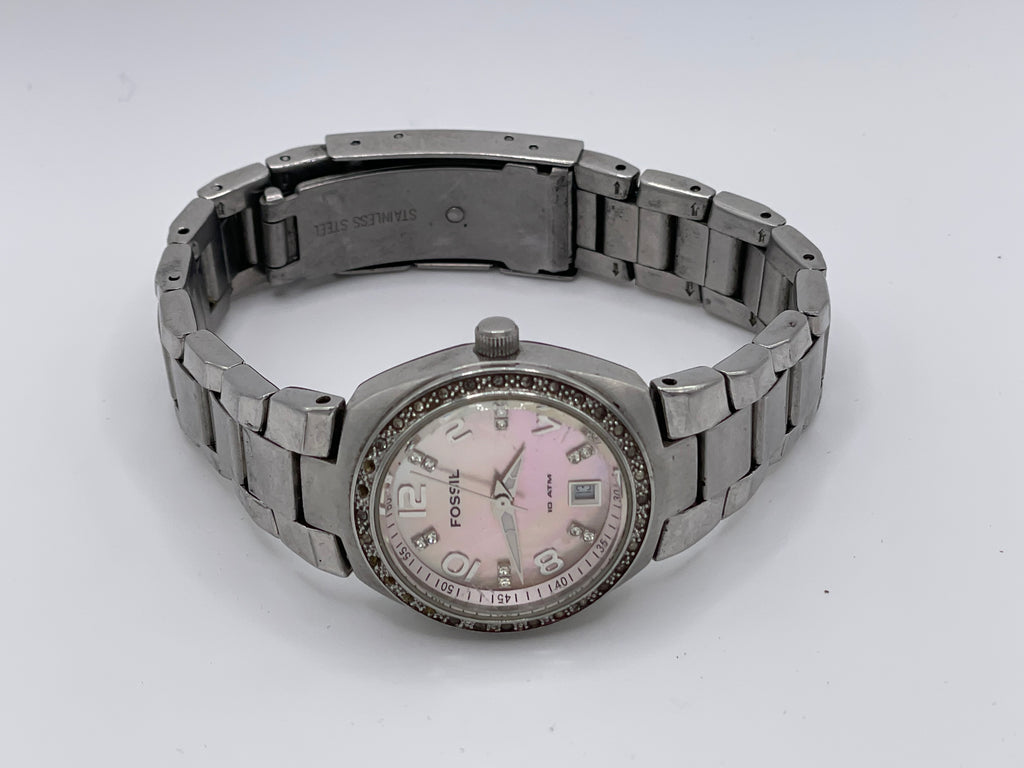 Fossil Women’s Crystal Stainless Steel Watch – Pink Mother-of-Pearl Dial, Date Display, 10 ATM Water Resistance - Pre-Owned
