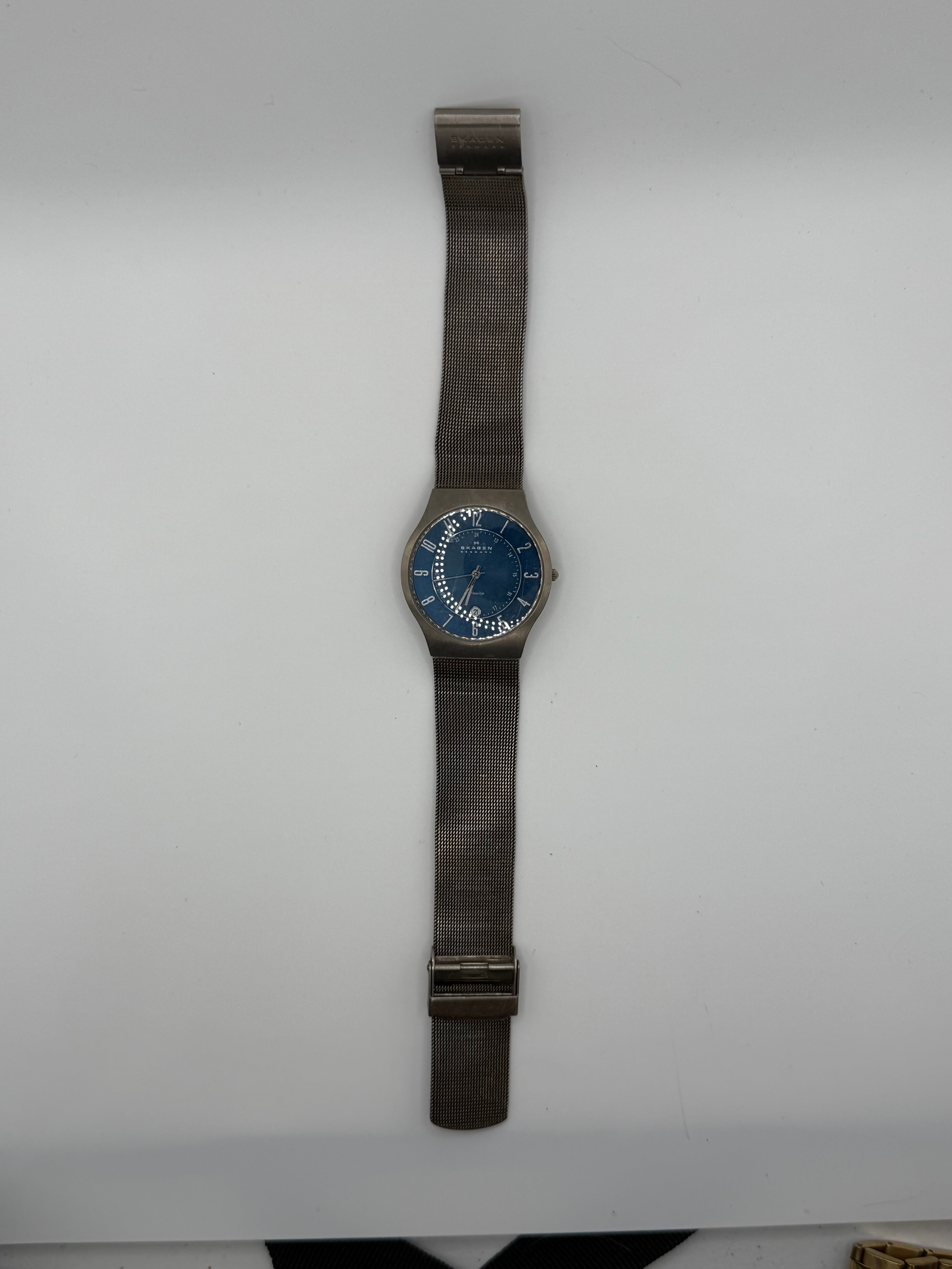 Skagen Denmark Titanium Blue Dial Mesh Watch – Date Display – Ultra Slim Scandinavian Design 2000s - Pre-Owned