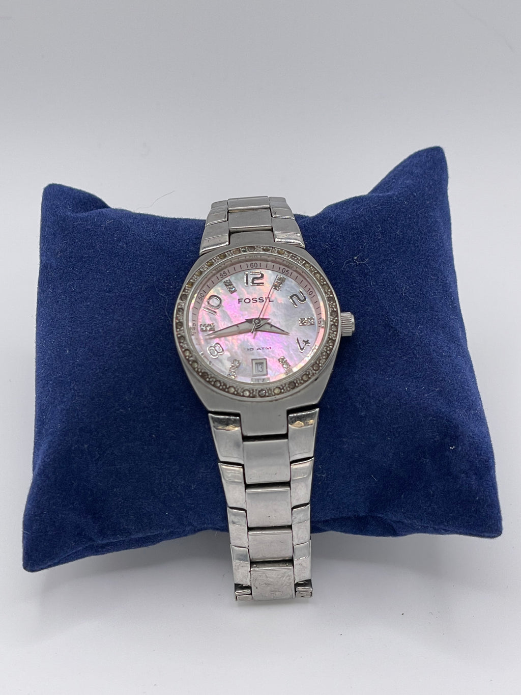 Fossil Women’s Crystal Stainless Steel Watch – Pink Mother-of-Pearl Dial, Date Display, 10 ATM Water Resistance - Pre-Owned