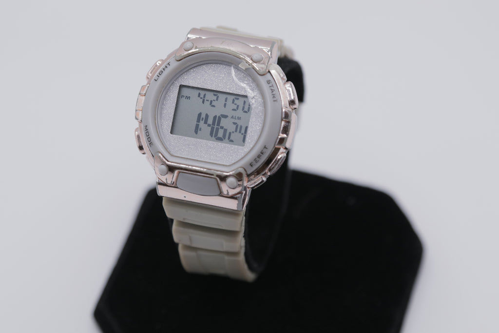 Women's Digital Sport Watch White Resin Strap Rose Gold Tone Case