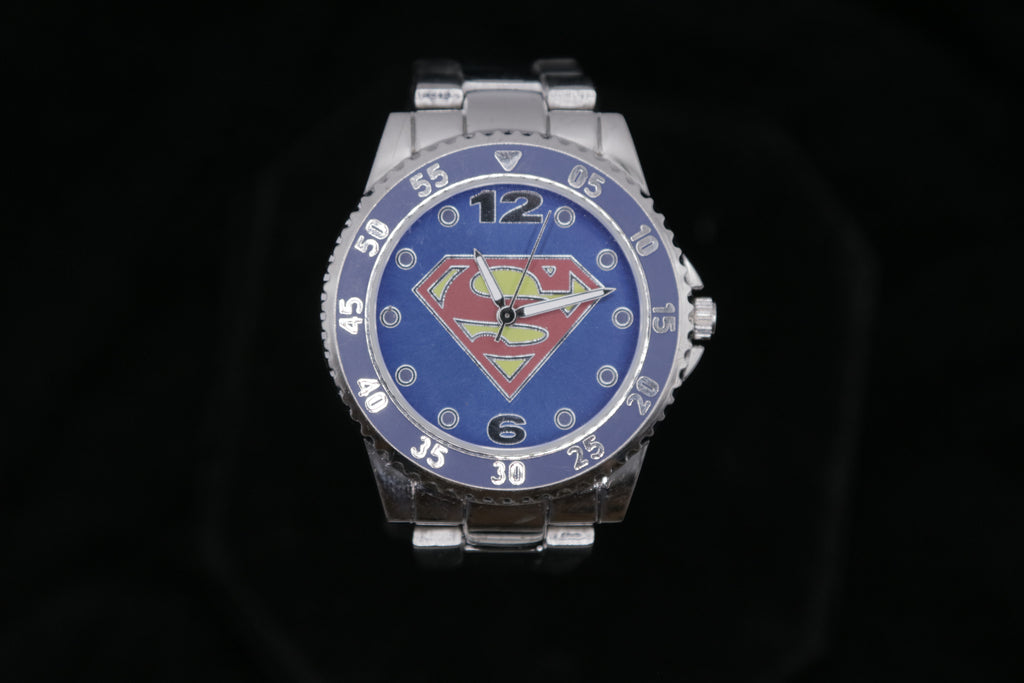 Superman Blue Dial Quartz Wristwatch – Silver Tone Bracelet – DC Comics Fan Collectible - Pre-Owned