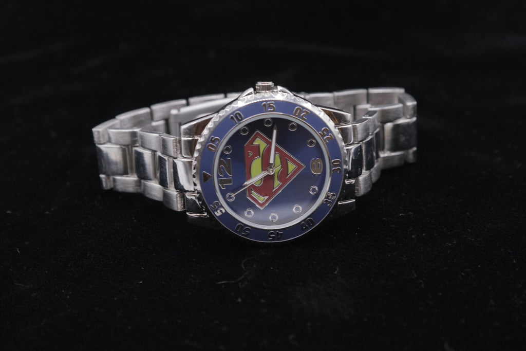 Superman Blue Dial Quartz Wristwatch – Silver Tone Bracelet – DC Comics Fan Collectible - Pre-Owned