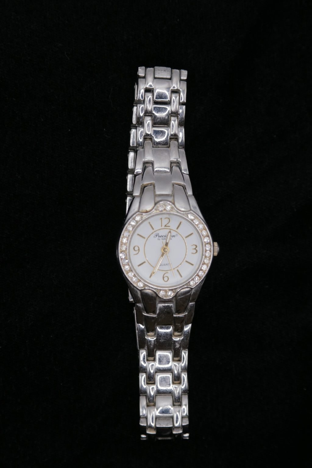 Precision By Gruen Women's Silver-Tone Crystal Bezel Quartz Watch – White Dial Bracelet Watch