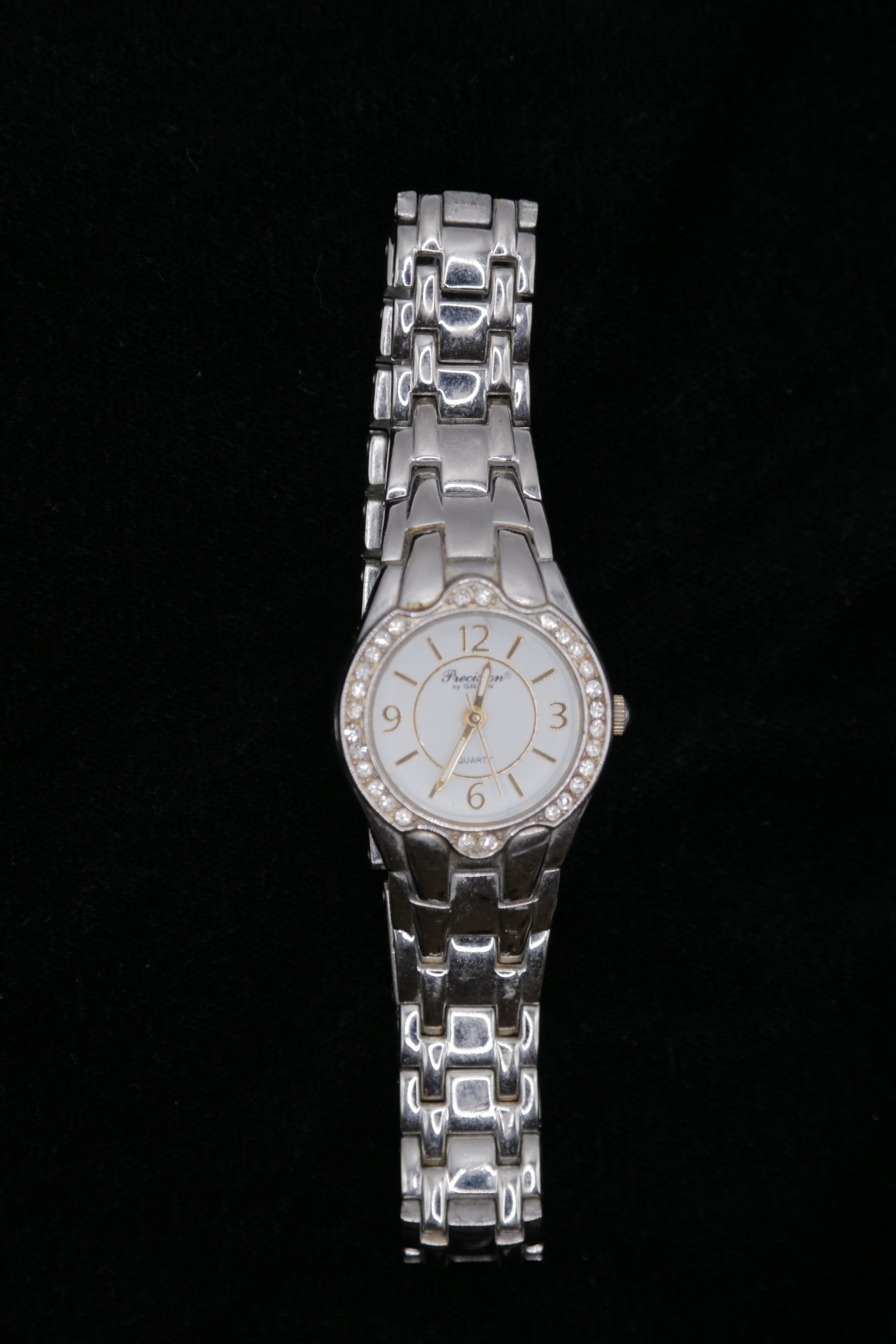 Precision By Gruen Women's Silver-Tone Crystal Bezel Quartz Watch – White Dial Bracelet Watch