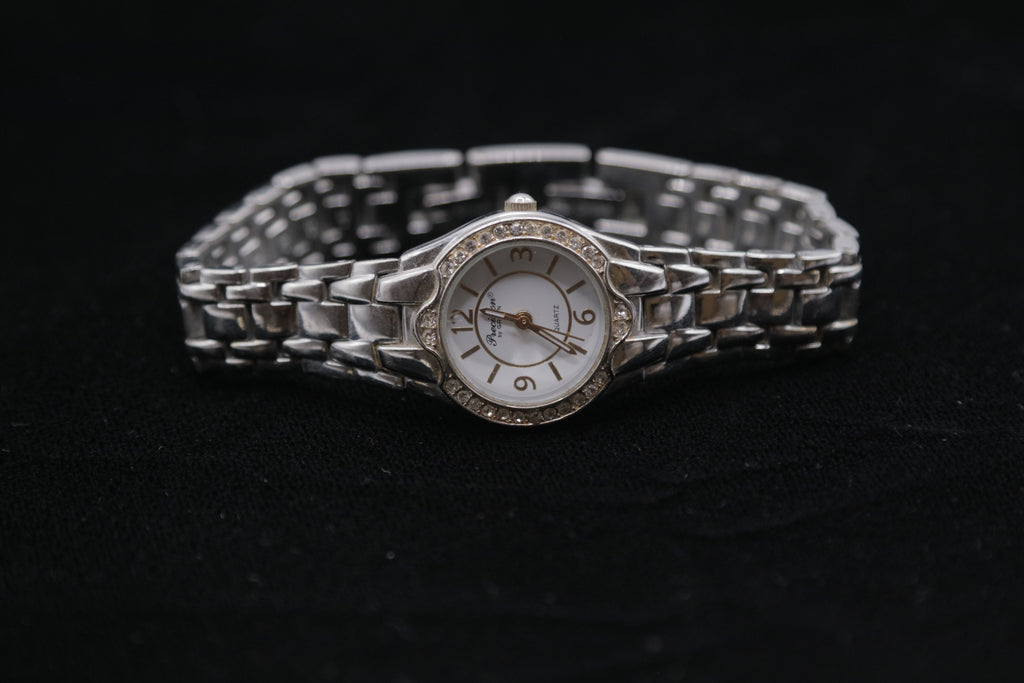 Precision By Gruen Women's Silver-Tone Crystal Bezel Quartz Watch – White Dial Bracelet Watch