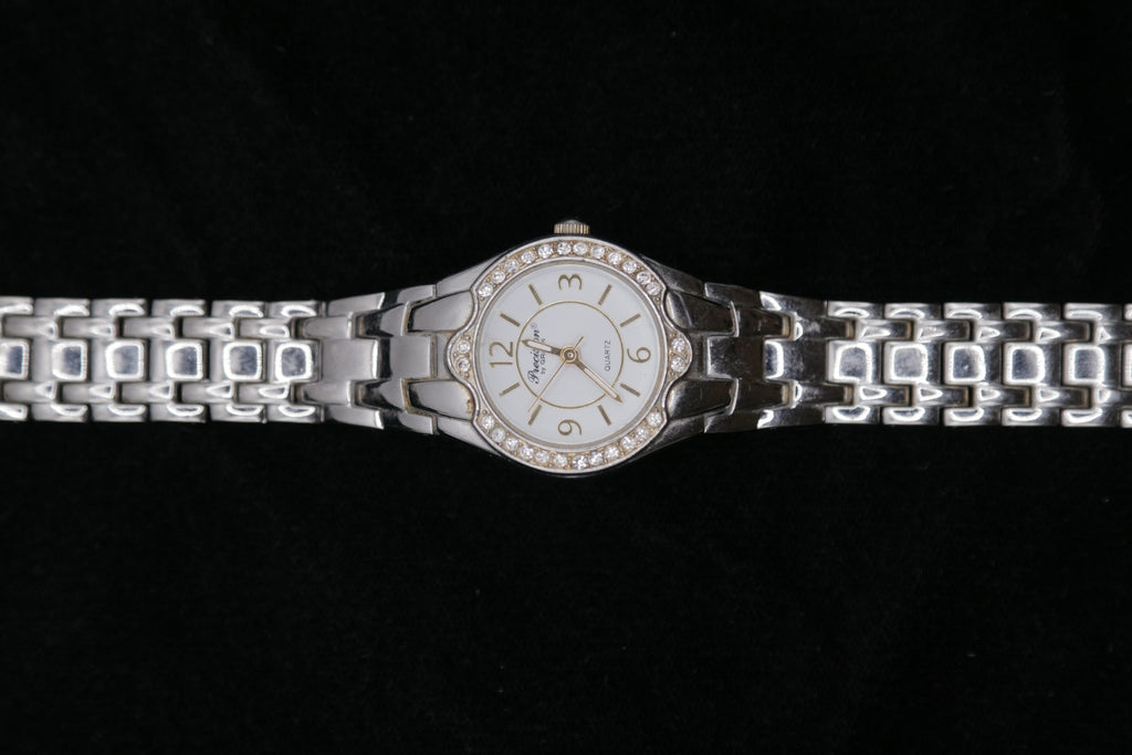 Precision By Gruen Women's Silver-Tone Crystal Bezel Quartz Watch – White Dial Bracelet Watch
