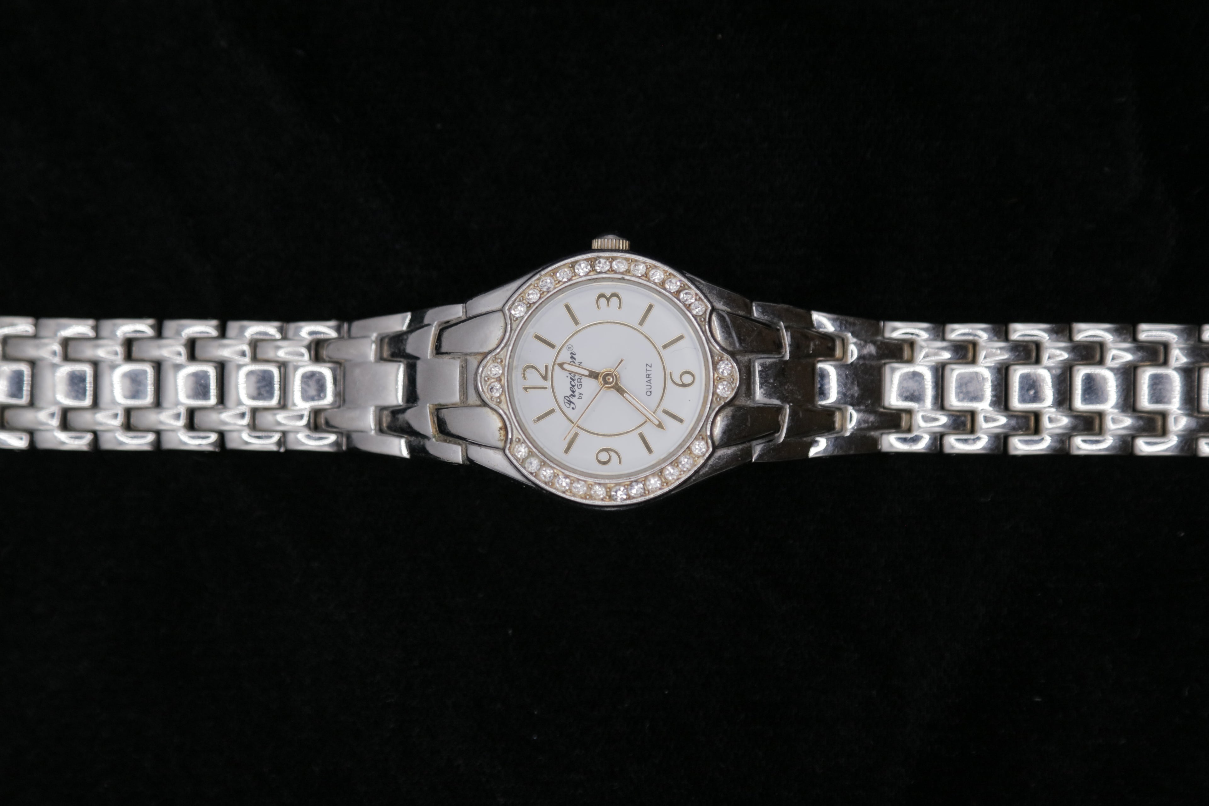 Precision By Gruen Women's Silver-Tone Crystal Bezel Quartz Watch – White Dial Bracelet Watch
