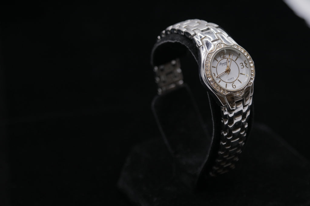 Precision By Gruen Women's Silver-Tone Crystal Bezel Quartz Watch – White Dial Bracelet Watch