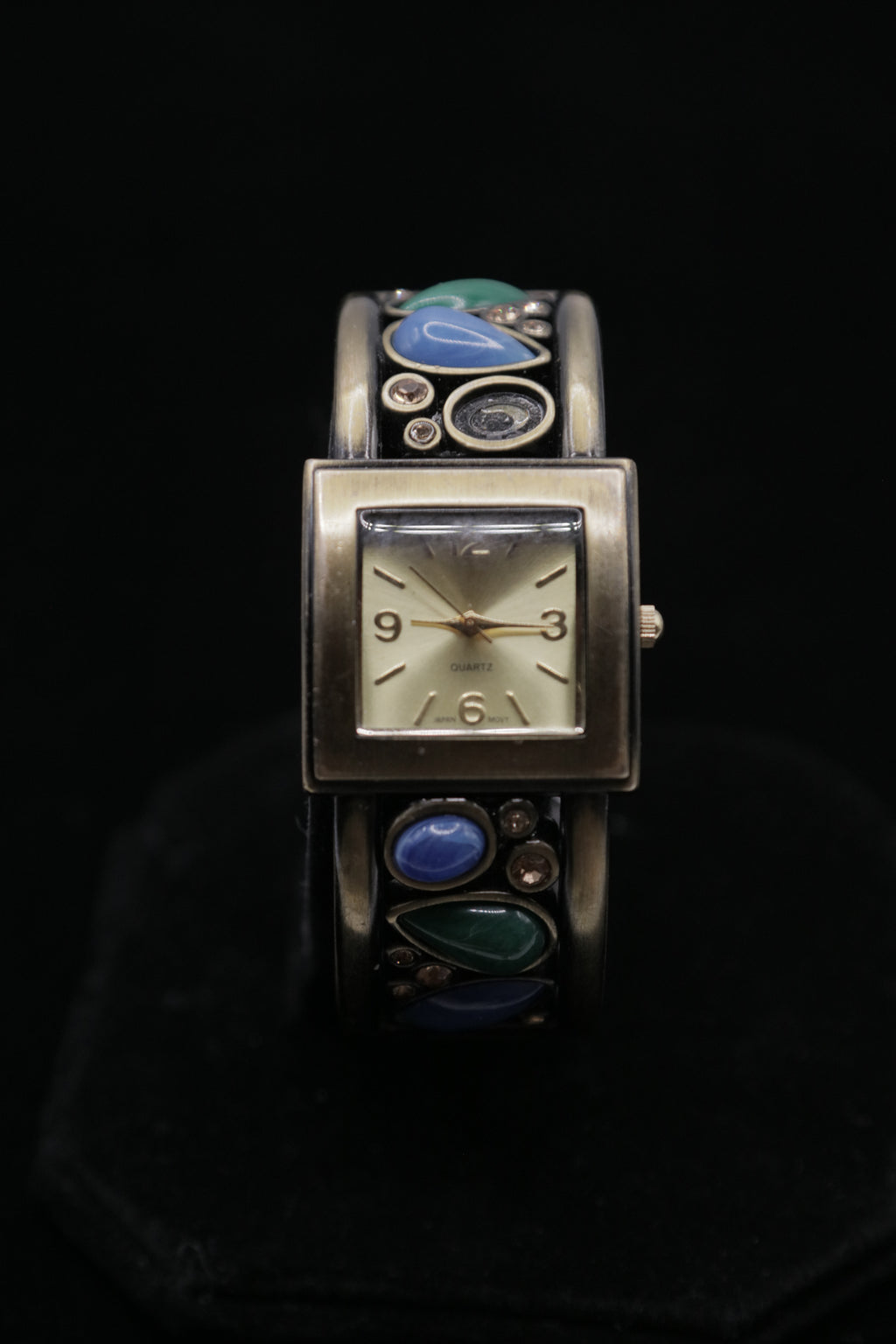 Vintage Women's Cuff Bracelet Watch – Silver Tone Square Dial with Blue & Green Stone Accents