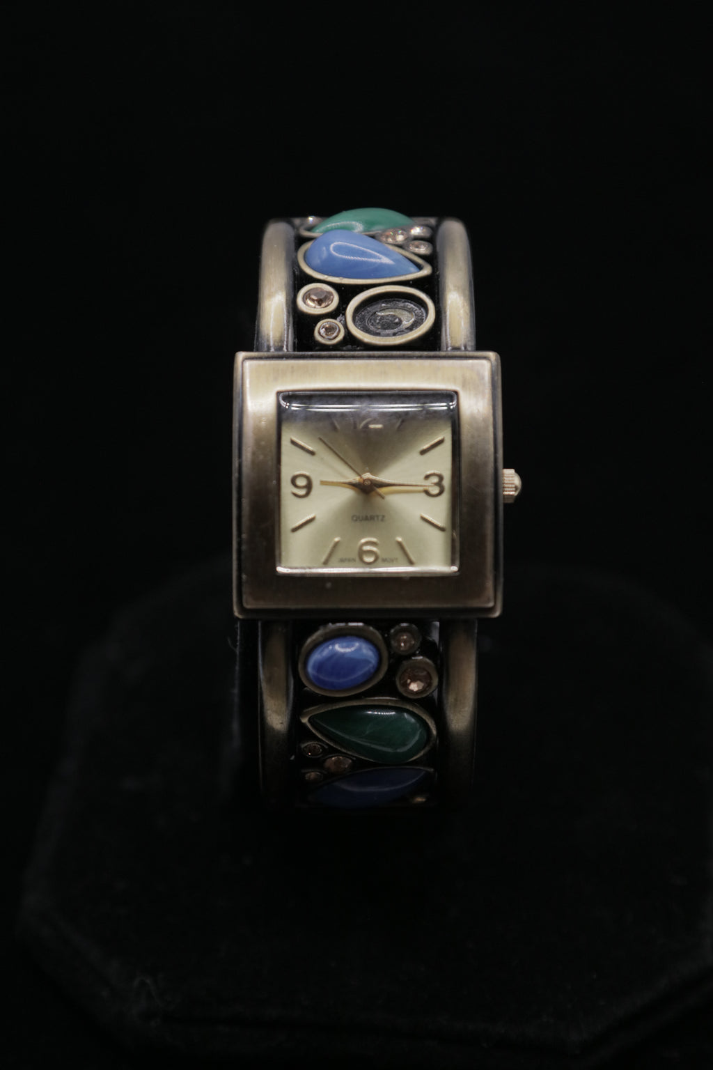 Vintage Women's Cuff Bracelet Watch – Silver Tone Square Dial with Blue & Green Stone Accents