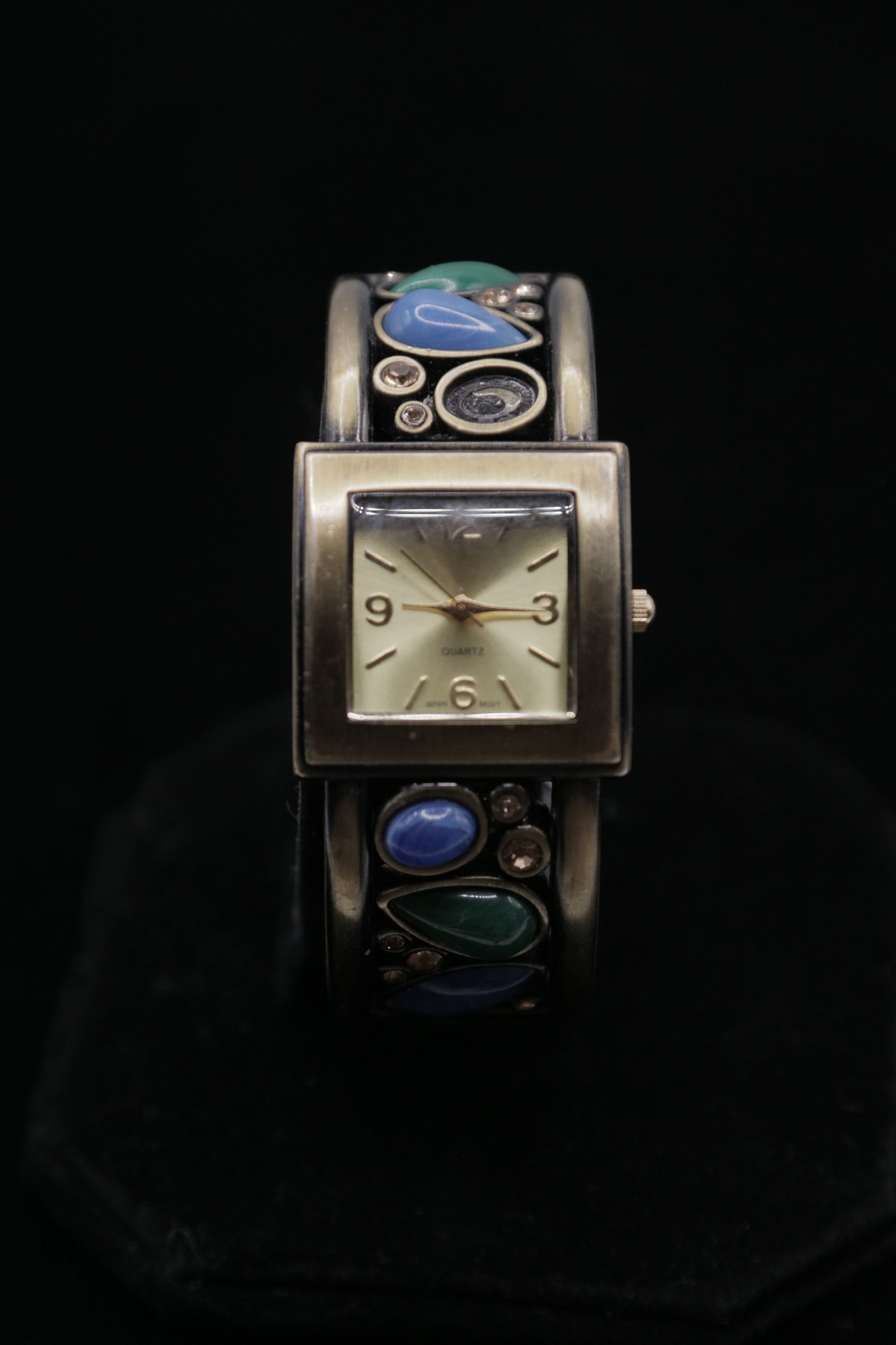 Vintage Women's Cuff Bracelet Watch – Silver Tone Square Dial with Blue & Green Stone Accents