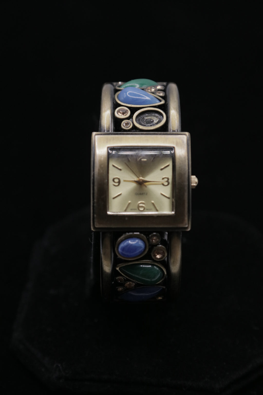 Vintage Women's Cuff Bracelet Watch – Silver Tone Square Dial with Blue & Green Stone Accents