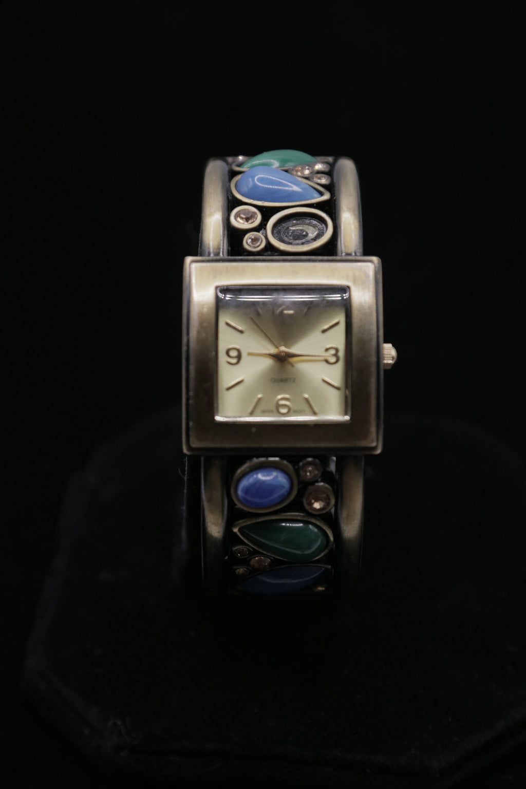 Vintage Women's Cuff Bracelet Watch – Silver Tone Square Dial with Blue & Green Stone Accents