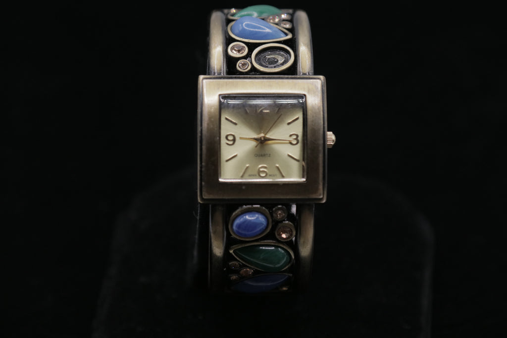 Vintage Women's Cuff Bracelet Watch – Silver Tone Square Dial with Blue & Green Stone Accents