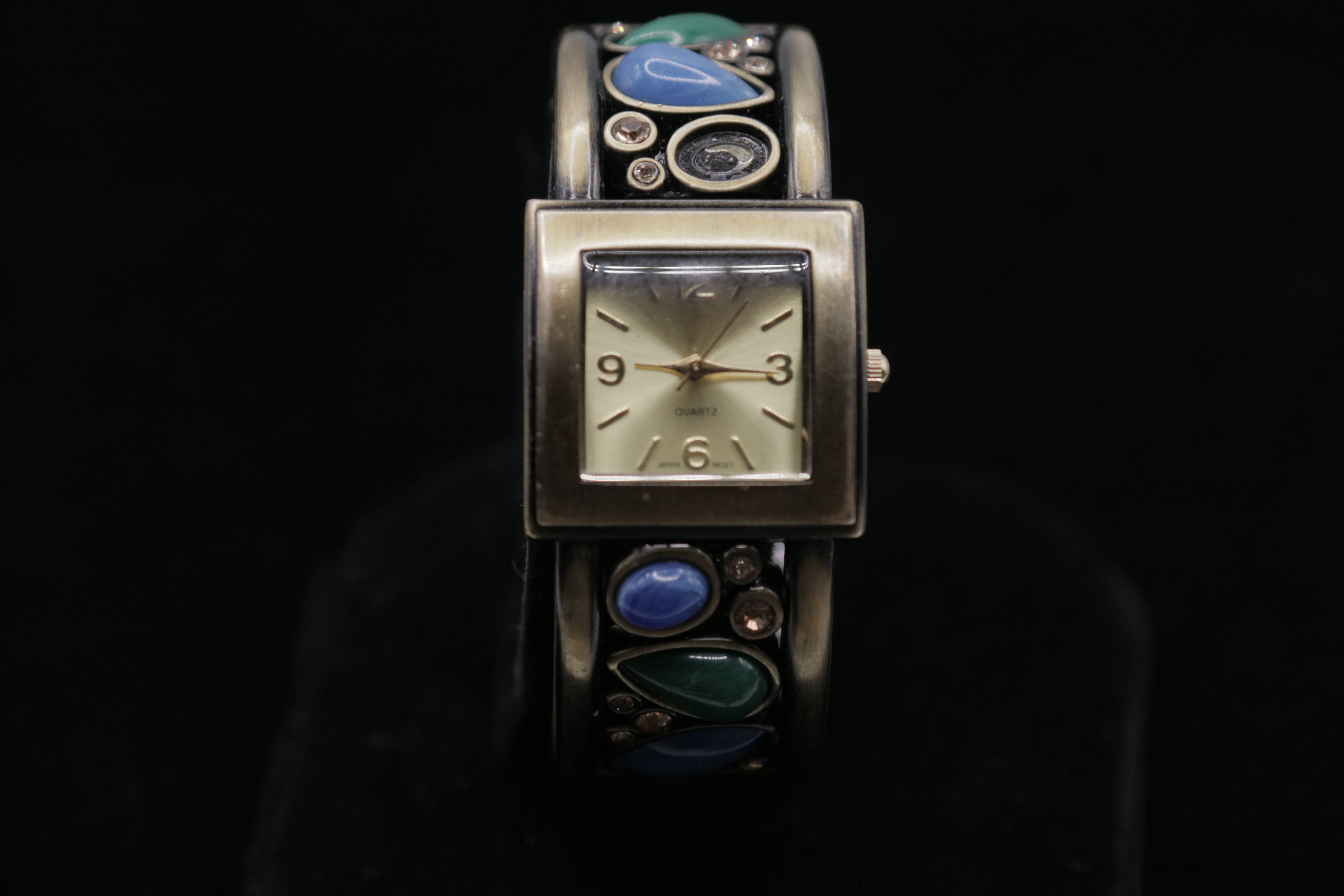 Vintage Women's Cuff Bracelet Watch – Silver Tone Square Dial with Blue & Green Stone Accents