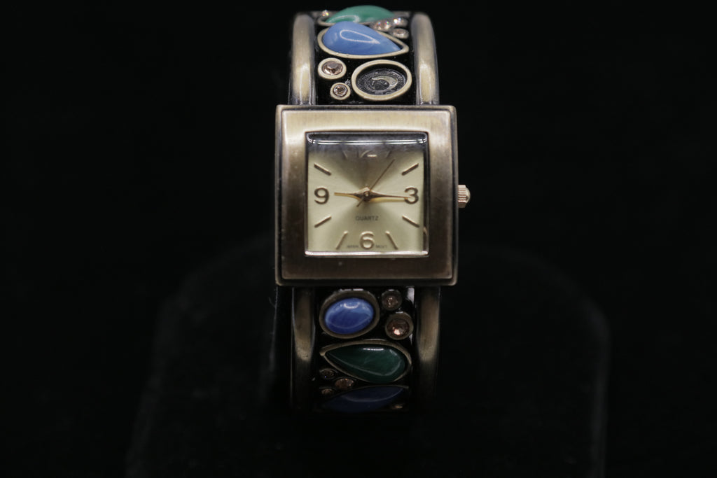 Vintage Women's Cuff Bracelet Watch – Silver Tone Square Dial with Blue & Green Stone Accents