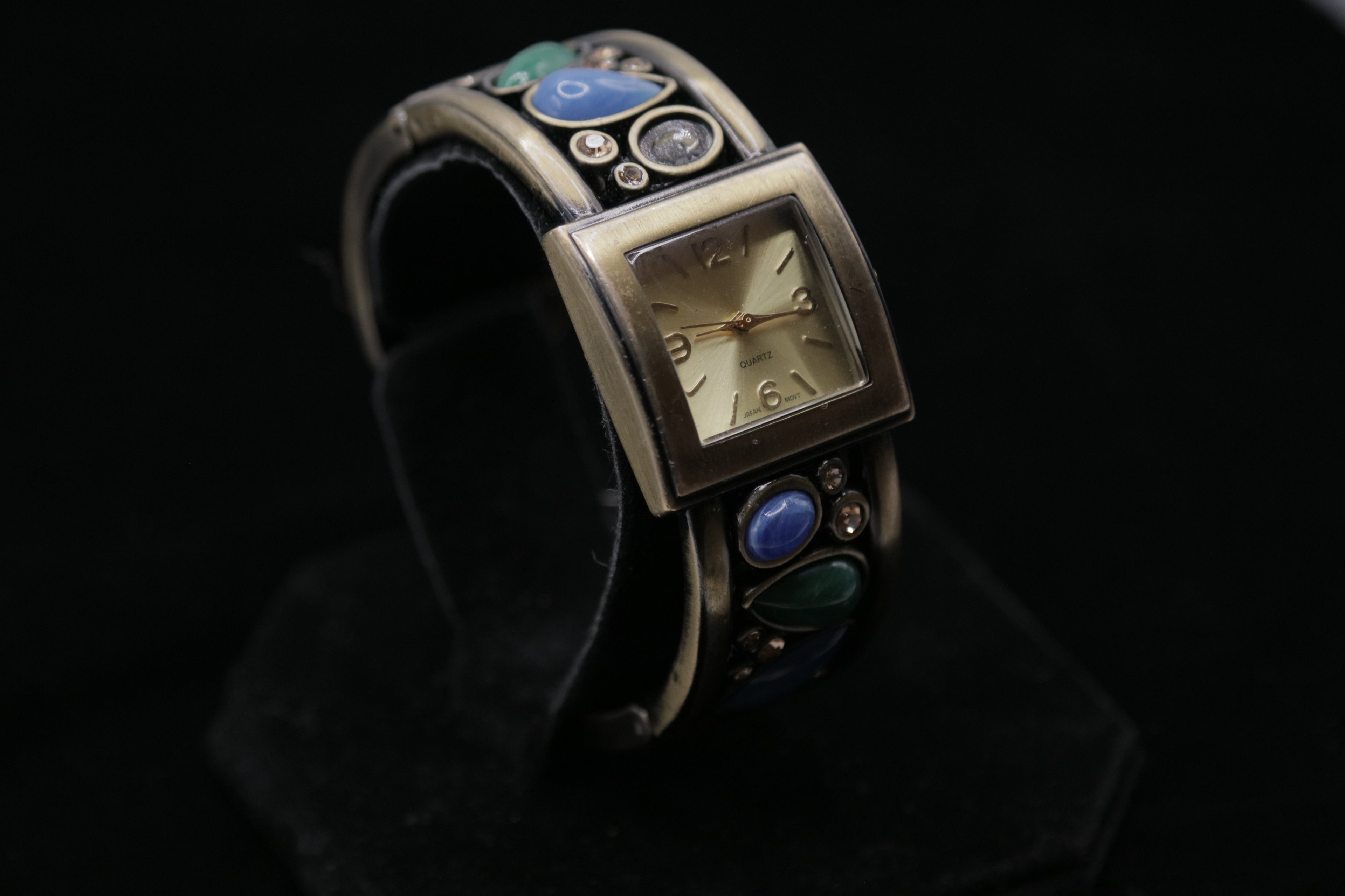 Vintage Women's Cuff Bracelet Watch – Silver Tone Square Dial with Blue & Green Stone Accents