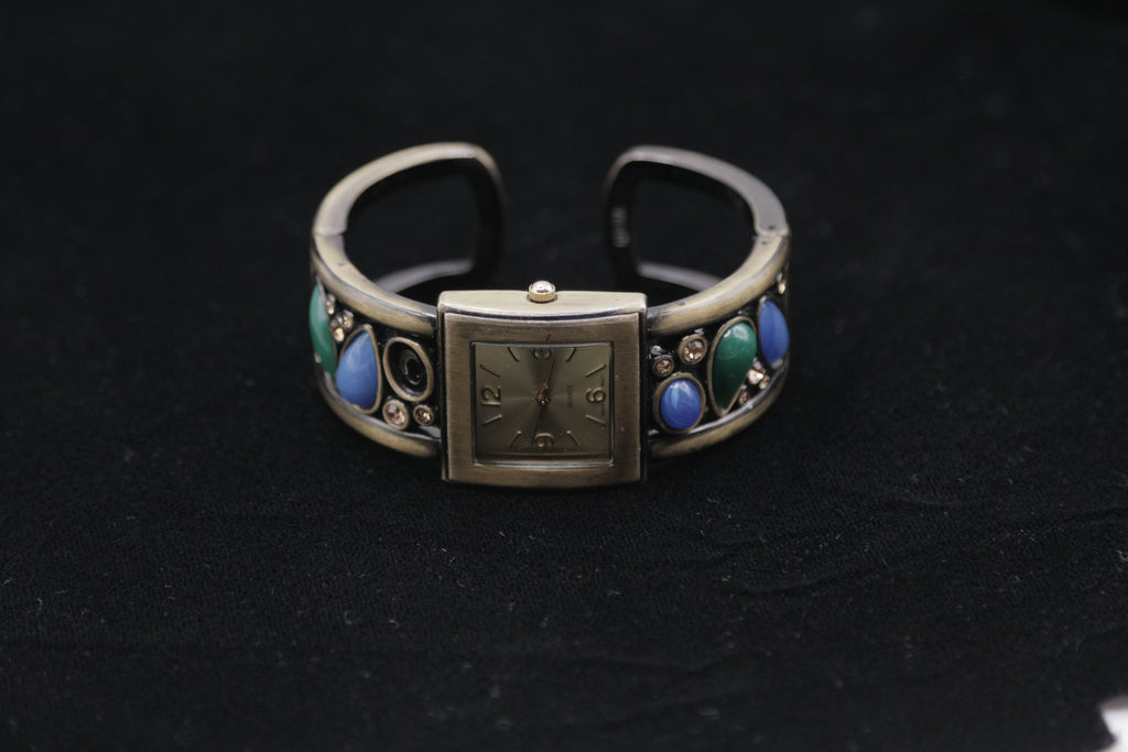 Vintage Women's Cuff Bracelet Watch – Silver Tone Square Dial with Blue & Green Stone Accents