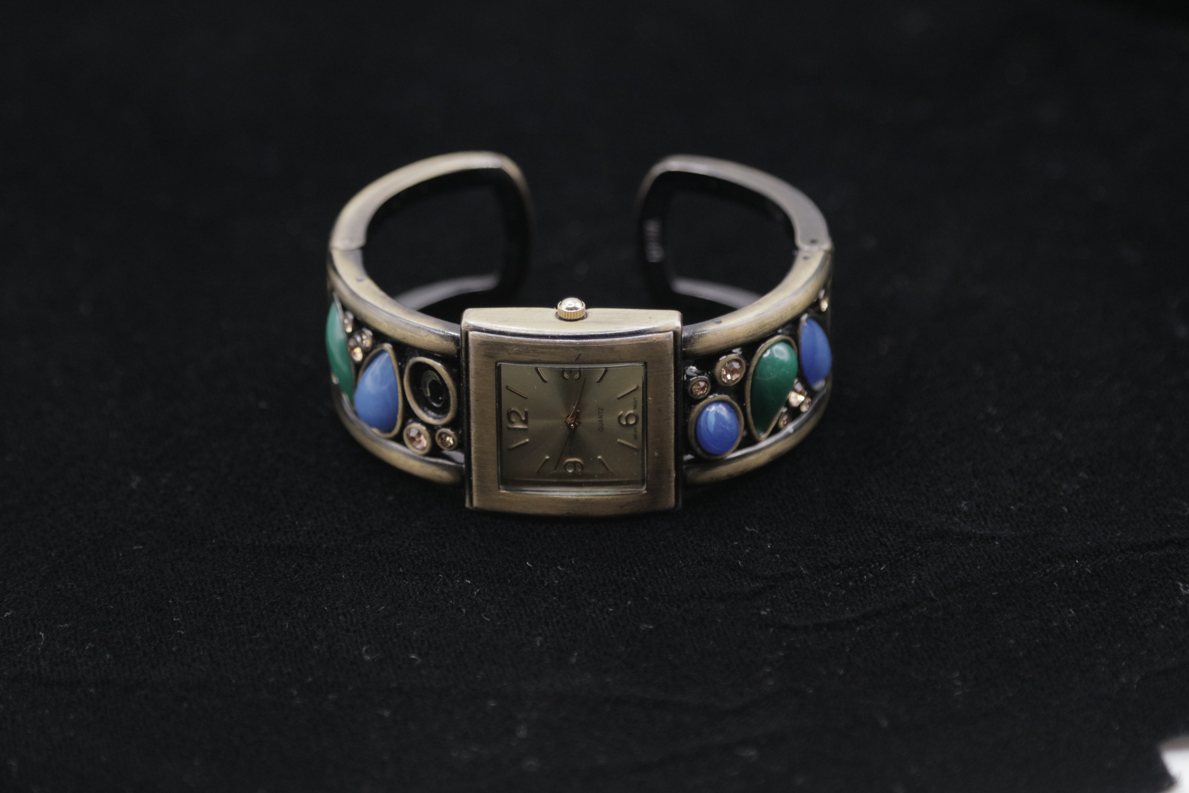 Vintage Women's Cuff Bracelet Watch – Silver Tone Square Dial with Blue & Green Stone Accents