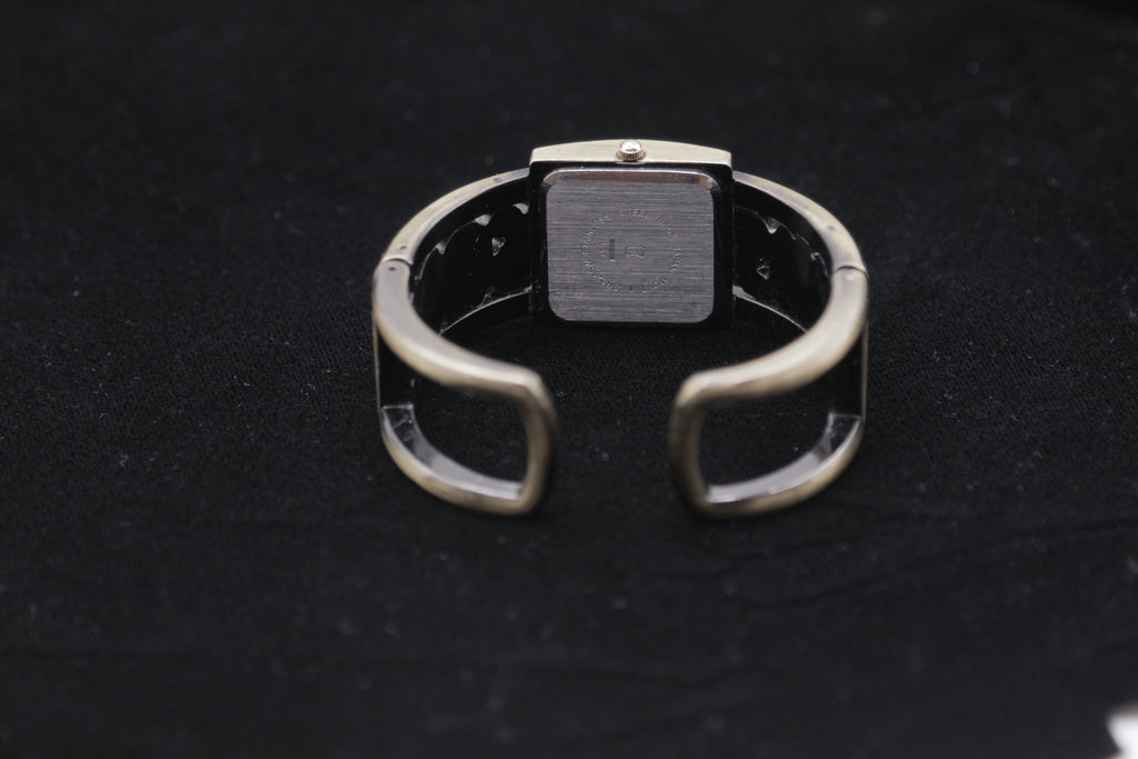 Vintage Women's Cuff Bracelet Watch – Silver Tone Square Dial with Blue & Green Stone Accents