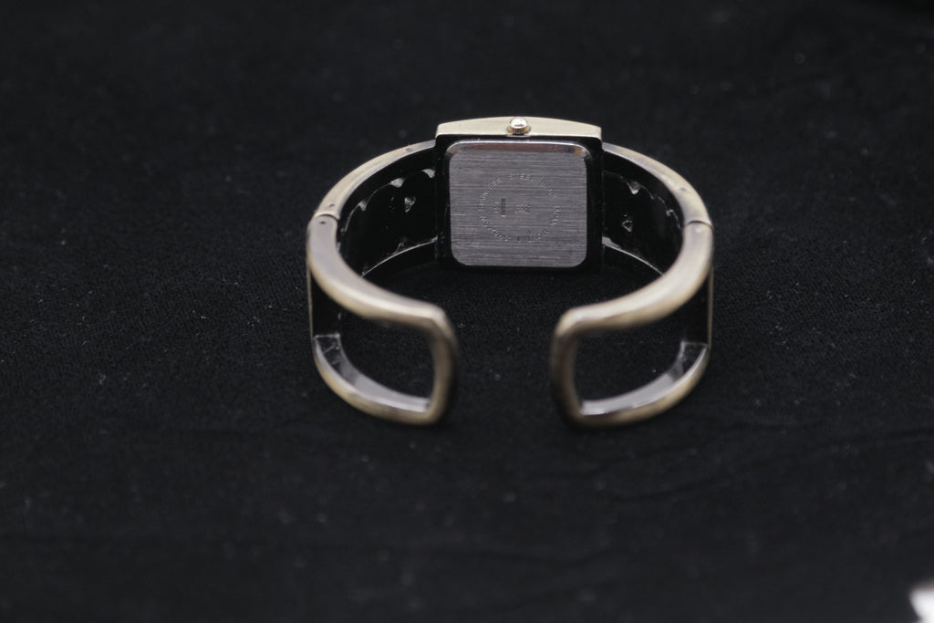 Vintage Women's Cuff Bracelet Watch – Silver Tone Square Dial with Blue & Green Stone Accents