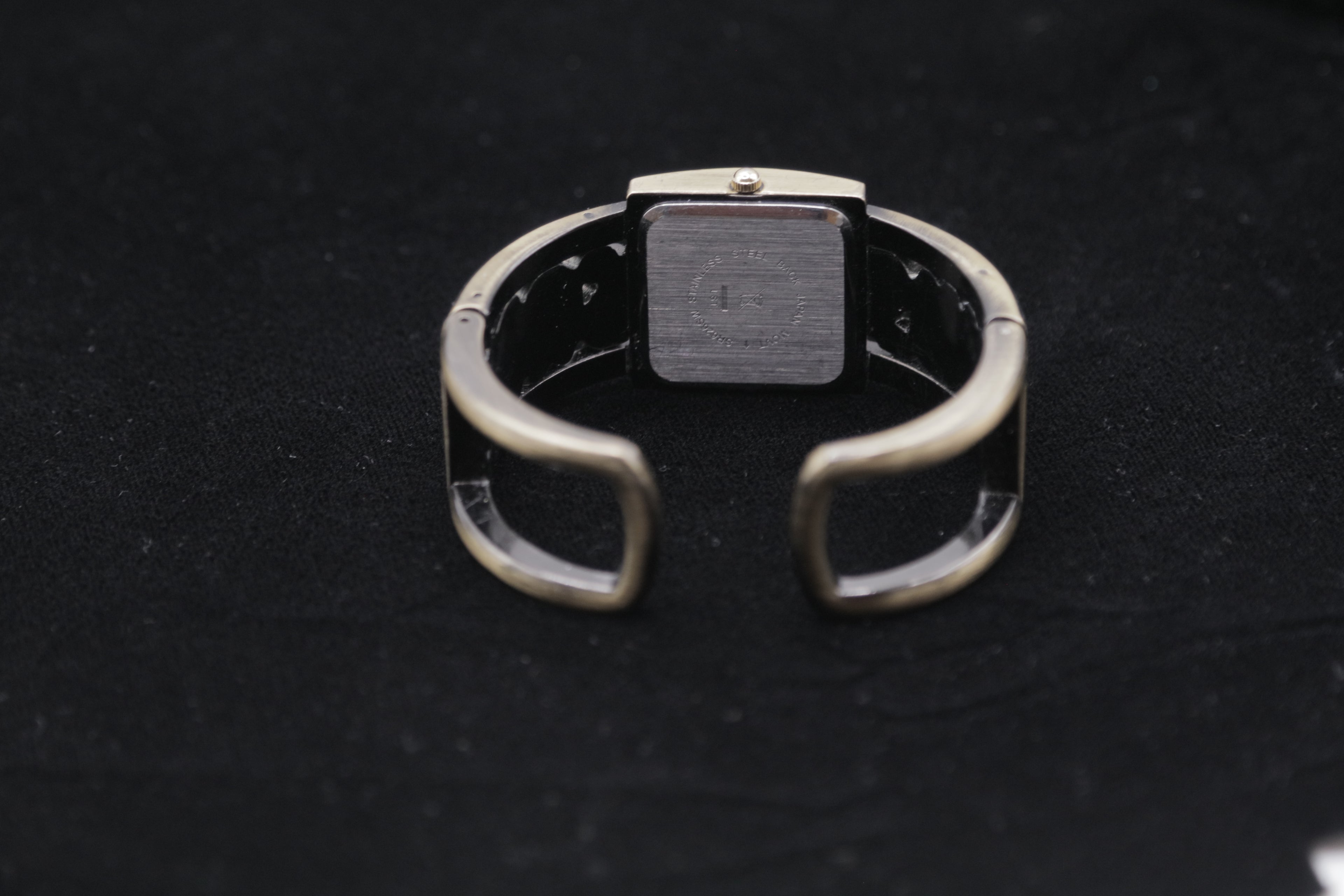 Vintage Women's Cuff Bracelet Watch – Silver Tone Square Dial with Blue & Green Stone Accents