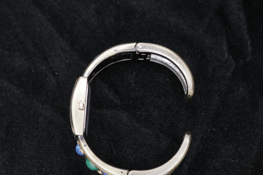 Vintage Women's Cuff Bracelet Watch – Silver Tone Square Dial with Blue & Green Stone Accents