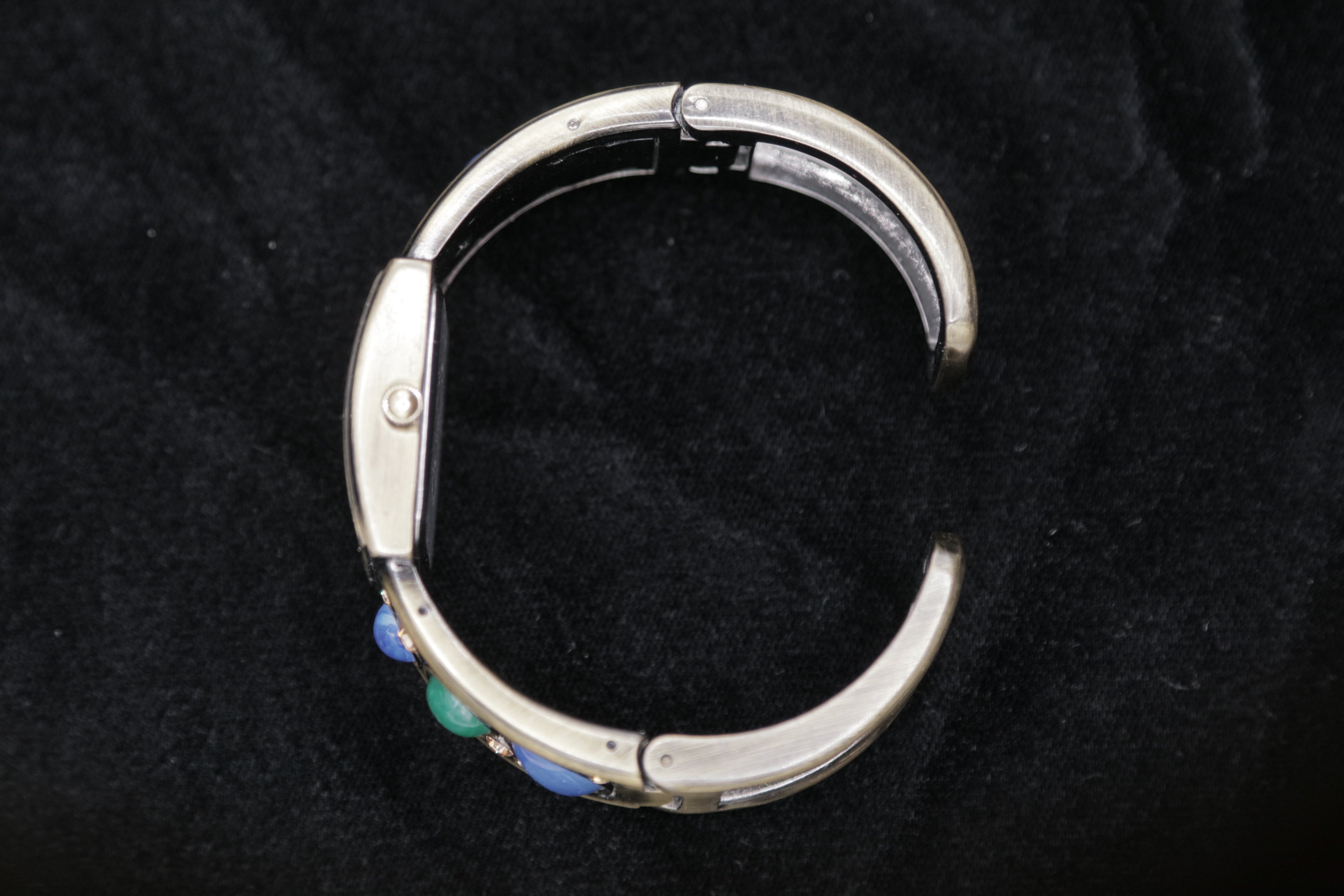 Vintage Women's Cuff Bracelet Watch – Silver Tone Square Dial with Blue & Green Stone Accents