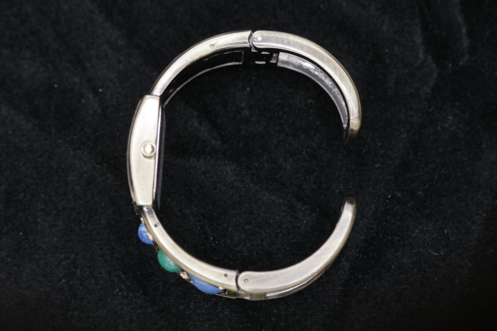 Vintage Women's Cuff Bracelet Watch – Silver Tone Square Dial with Blue & Green Stone Accents