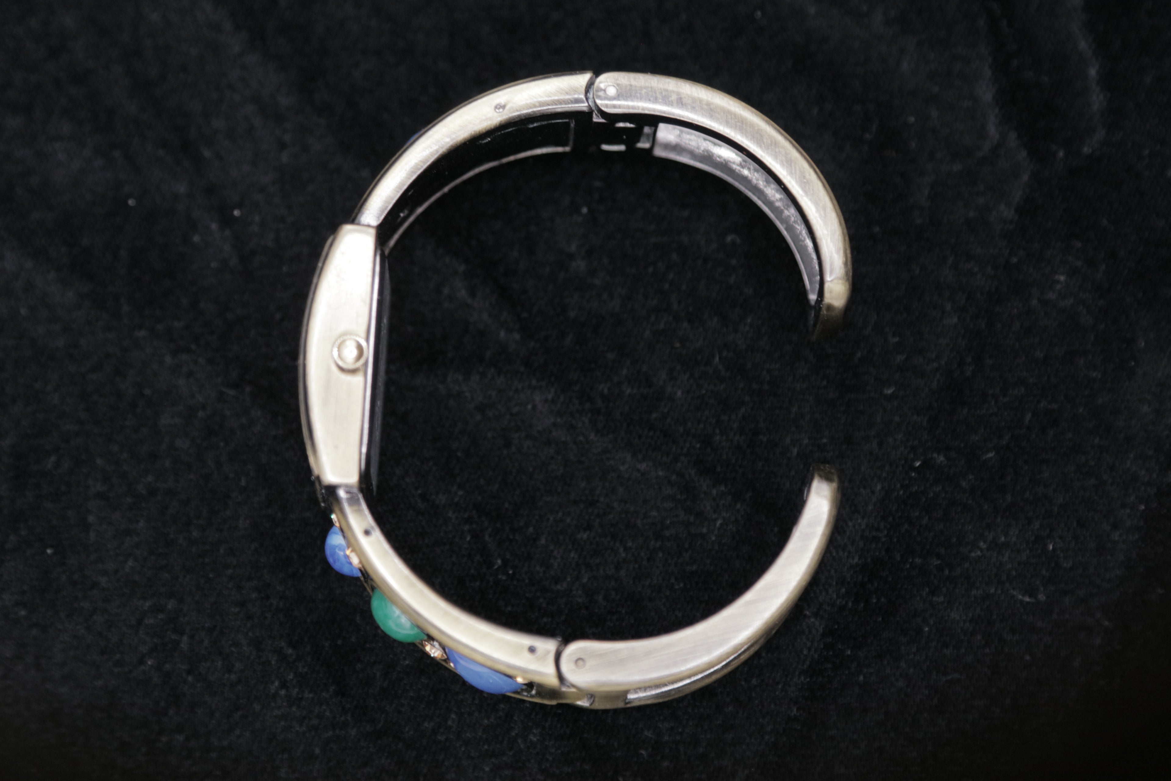 Vintage Women's Cuff Bracelet Watch – Silver Tone Square Dial with Blue & Green Stone Accents