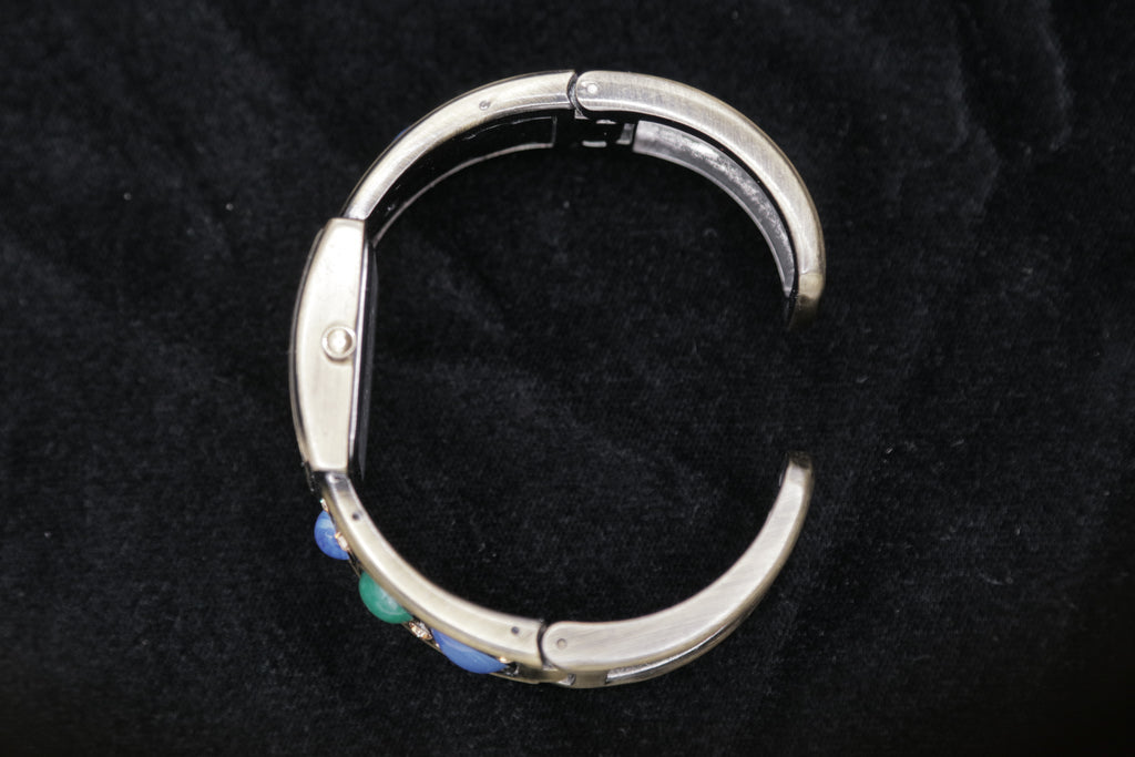 Vintage Women's Cuff Bracelet Watch – Silver Tone Square Dial with Blue & Green Stone Accents