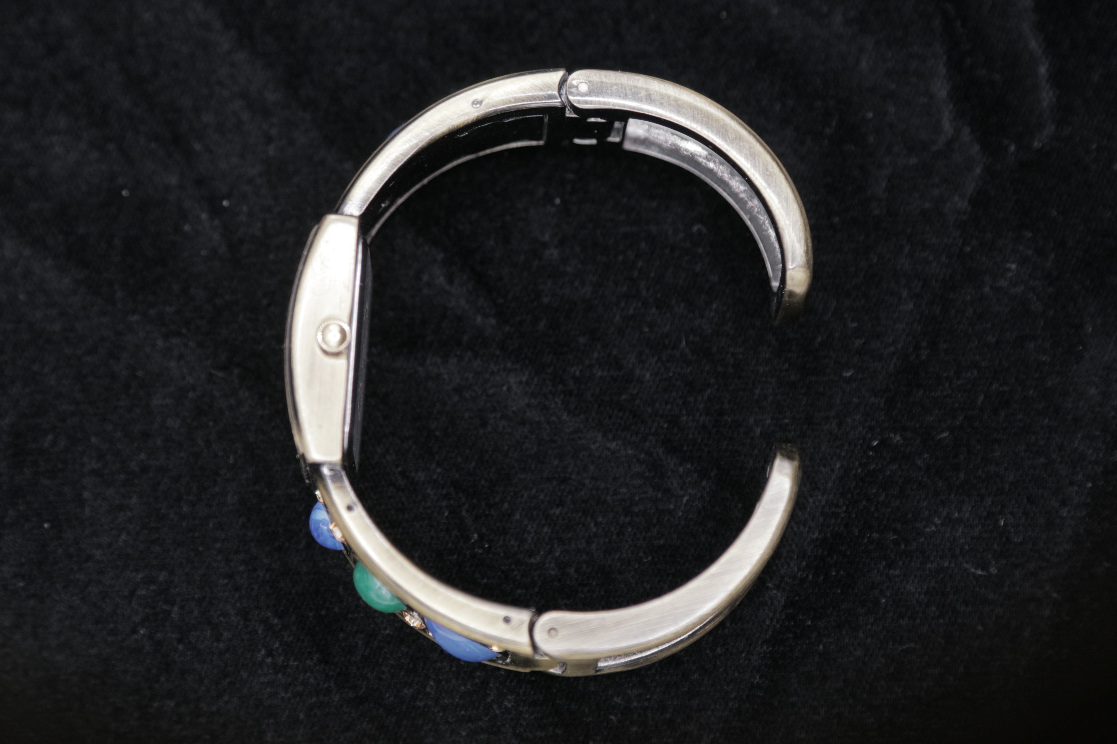 Vintage Women's Cuff Bracelet Watch – Silver Tone Square Dial with Blue & Green Stone Accents
