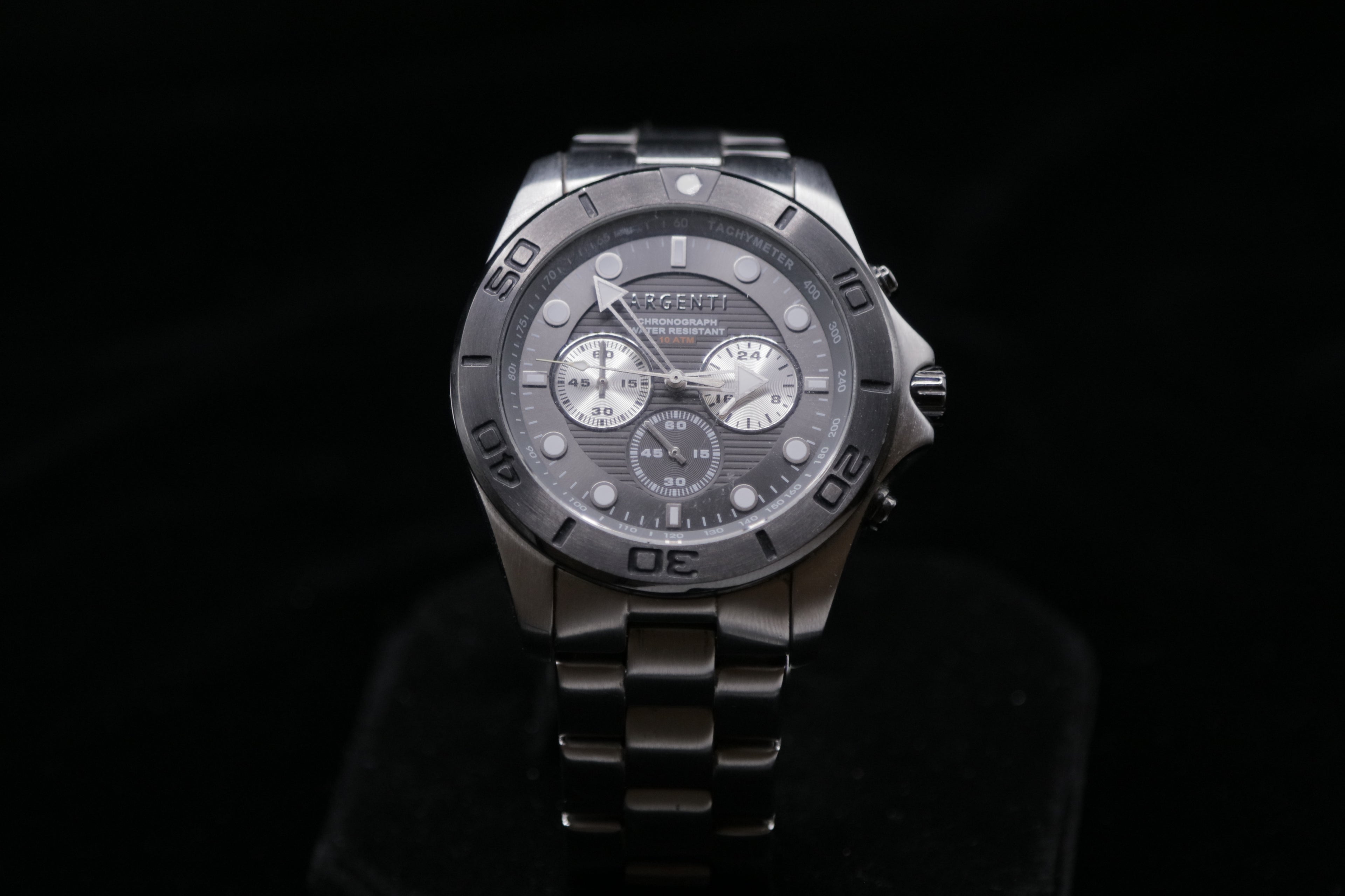 Argenti 2010s Men’s Stainless Steel Chronograph Watch – Black Dial, Tachymeter, Water Resistant - Pre-Owned