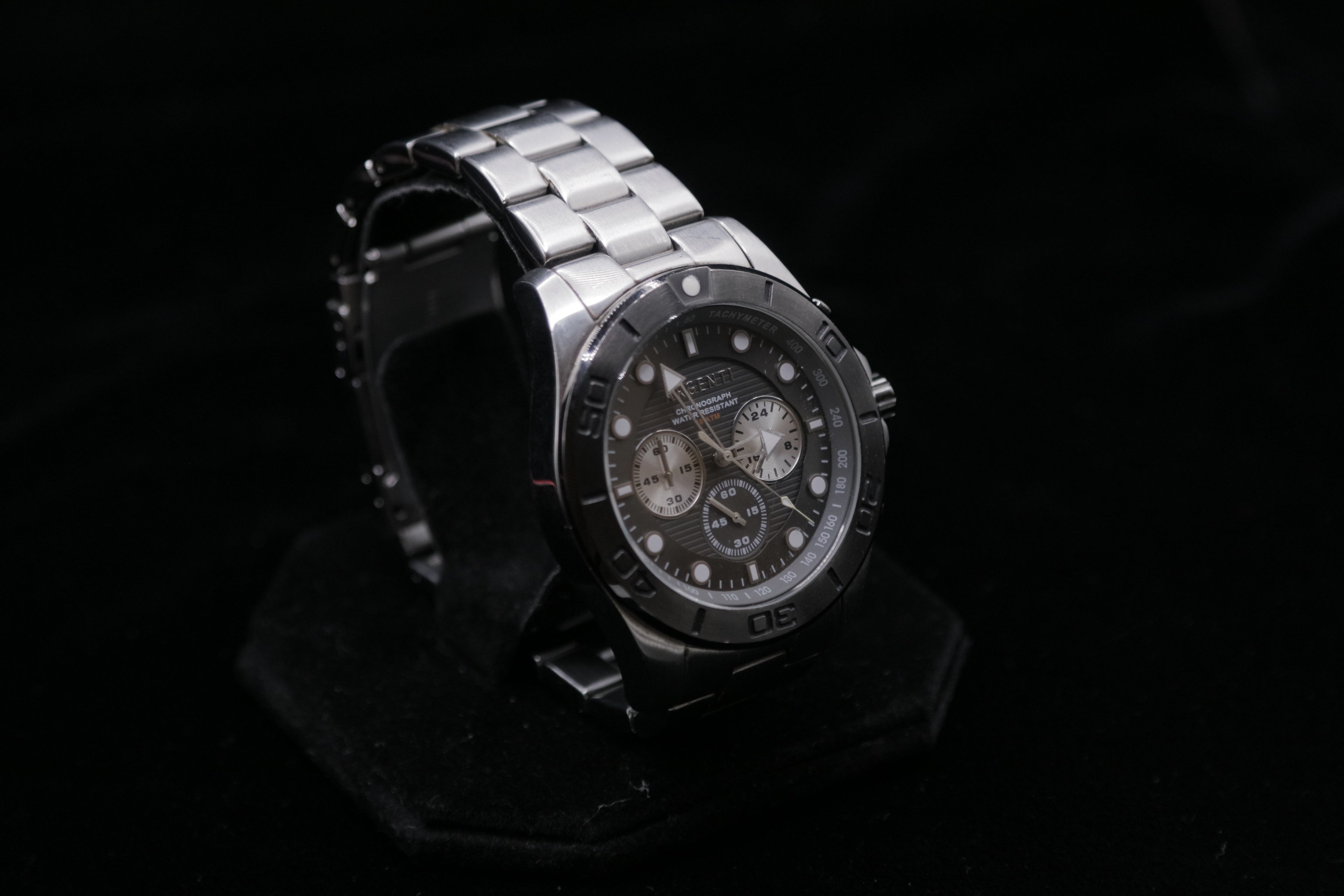 Argenti 2010s Men’s Stainless Steel Chronograph Watch – Black Dial, Tachymeter, Water Resistant - Pre-Owned
