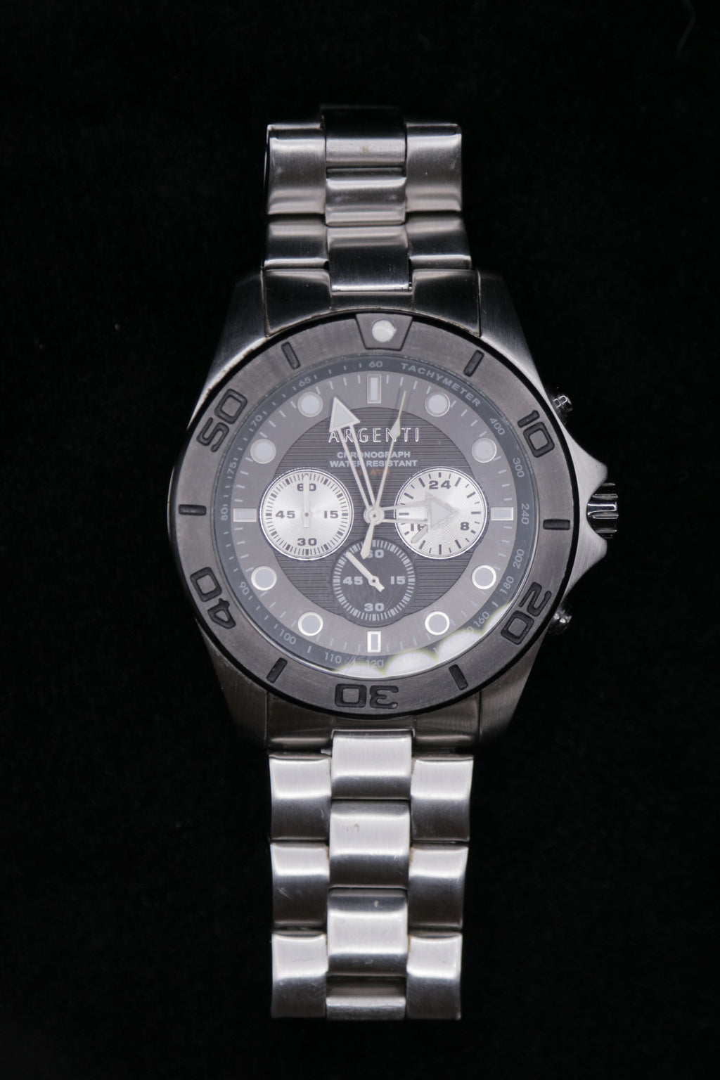 Argenti 2010s Men’s Stainless Steel Chronograph Watch – Black Dial, Tachymeter, Water Resistant - Pre-Owned