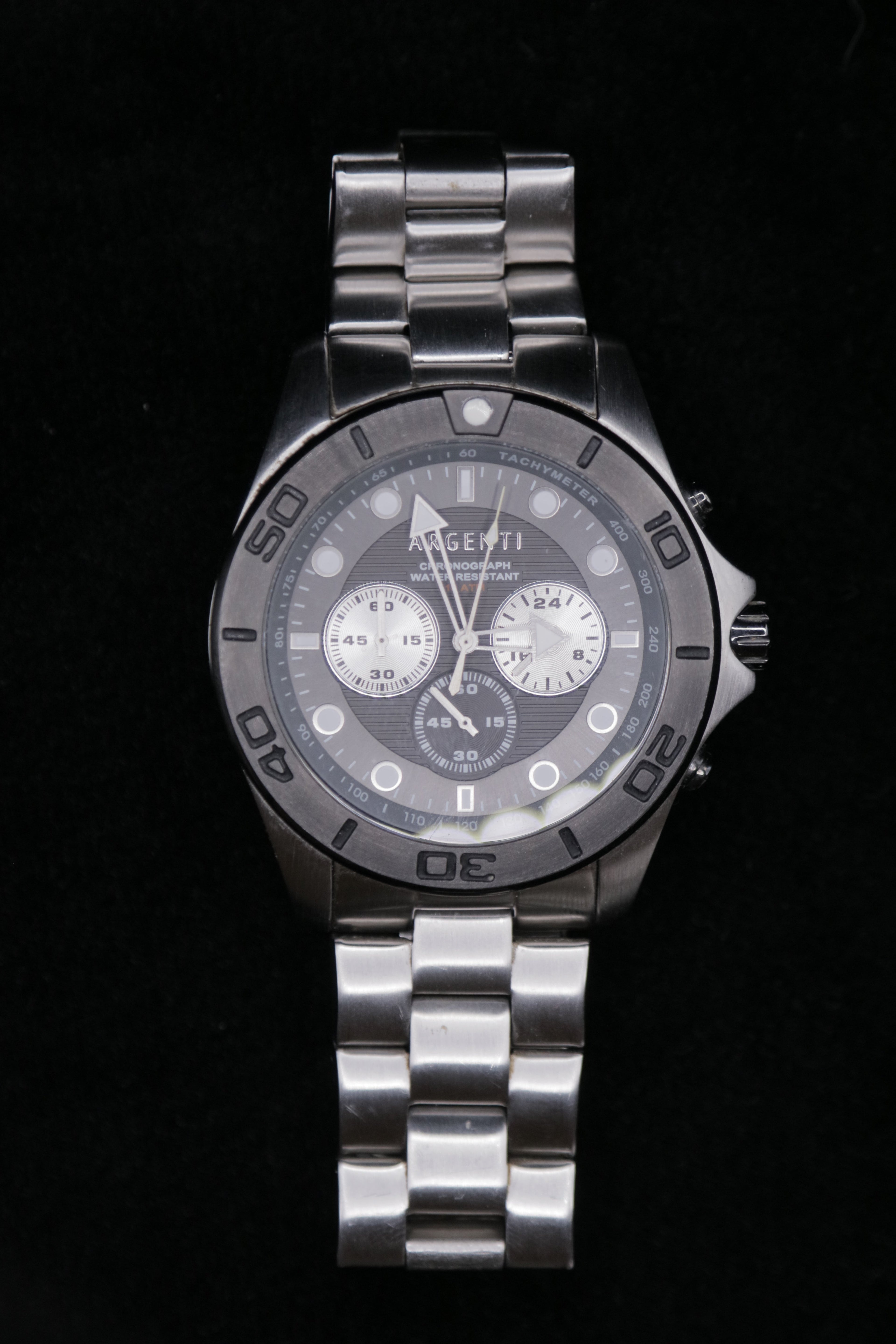 Argenti 2010s Men’s Stainless Steel Chronograph Watch – Black Dial, Tachymeter, Water Resistant - Pre-Owned