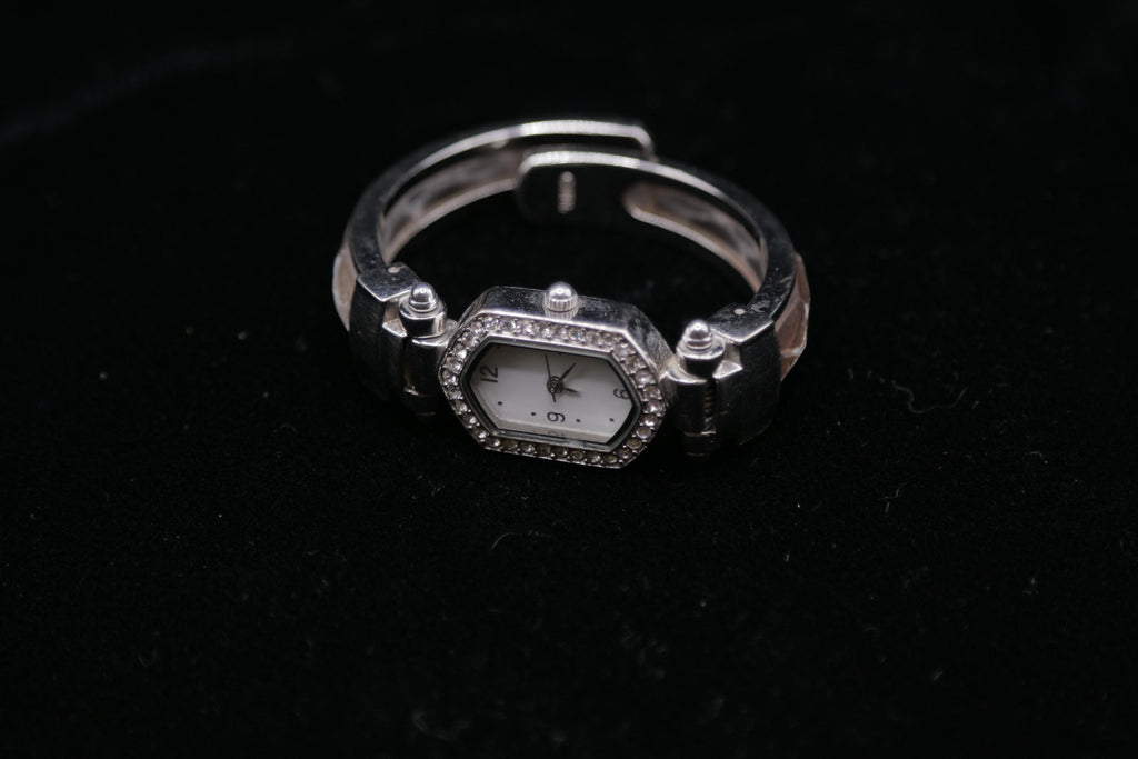 Silver-Tone Crystal Bezel Bangle Watch | Women's Quartz Dress Watch