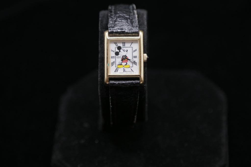 Vintage Disney Mickey Mouse Tank Watch – Gold Tone Rectangular Case – Quartz Character Watch