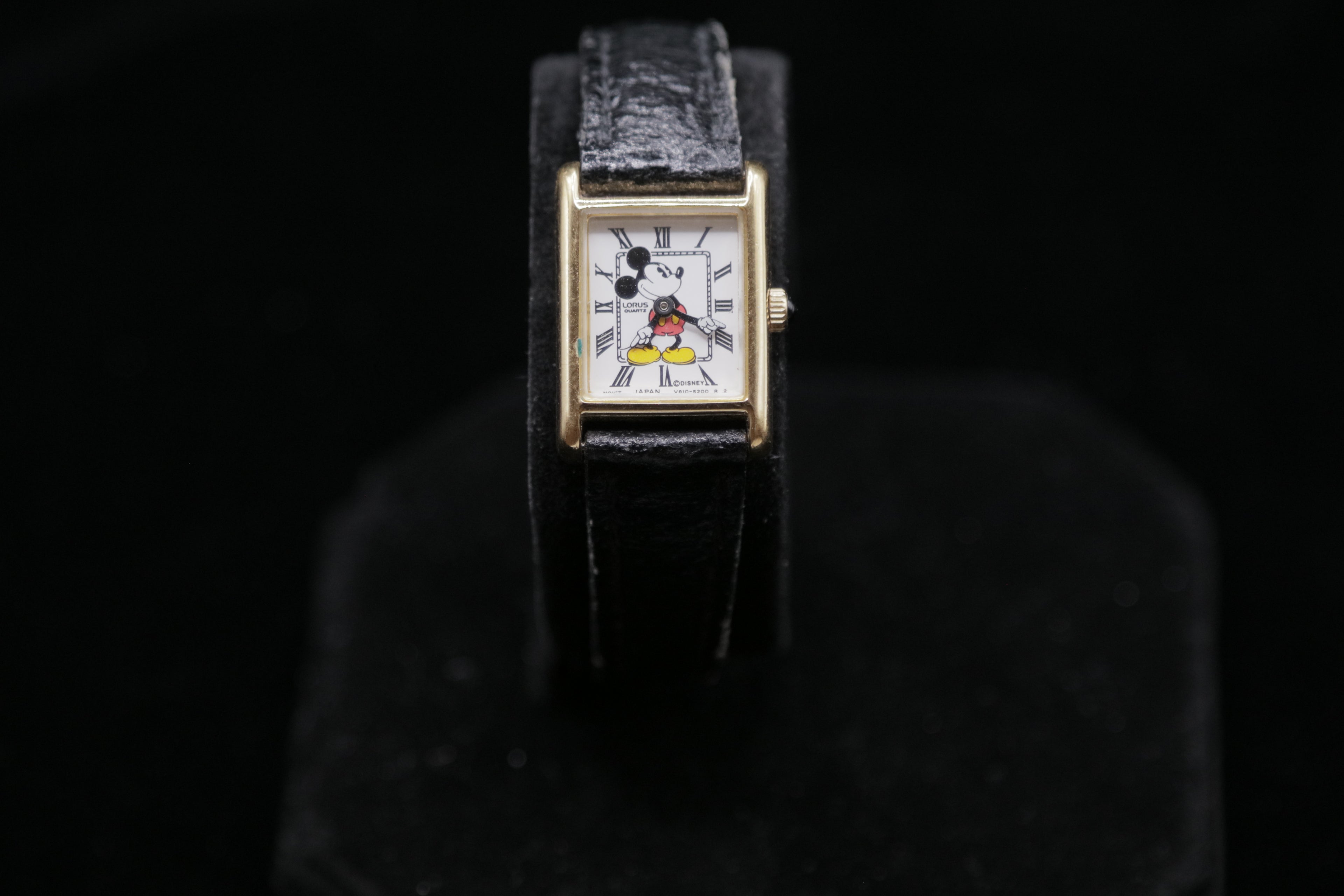 Vintage Disney Mickey Mouse Tank Watch – Gold Tone Rectangular Case – Quartz Character Watch