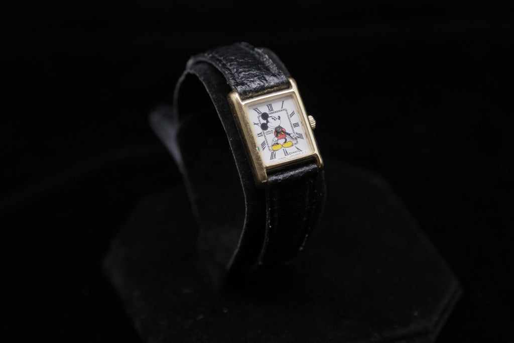 Vintage Disney Mickey Mouse Tank Watch – Gold Tone Rectangular Case – Quartz Character Watch