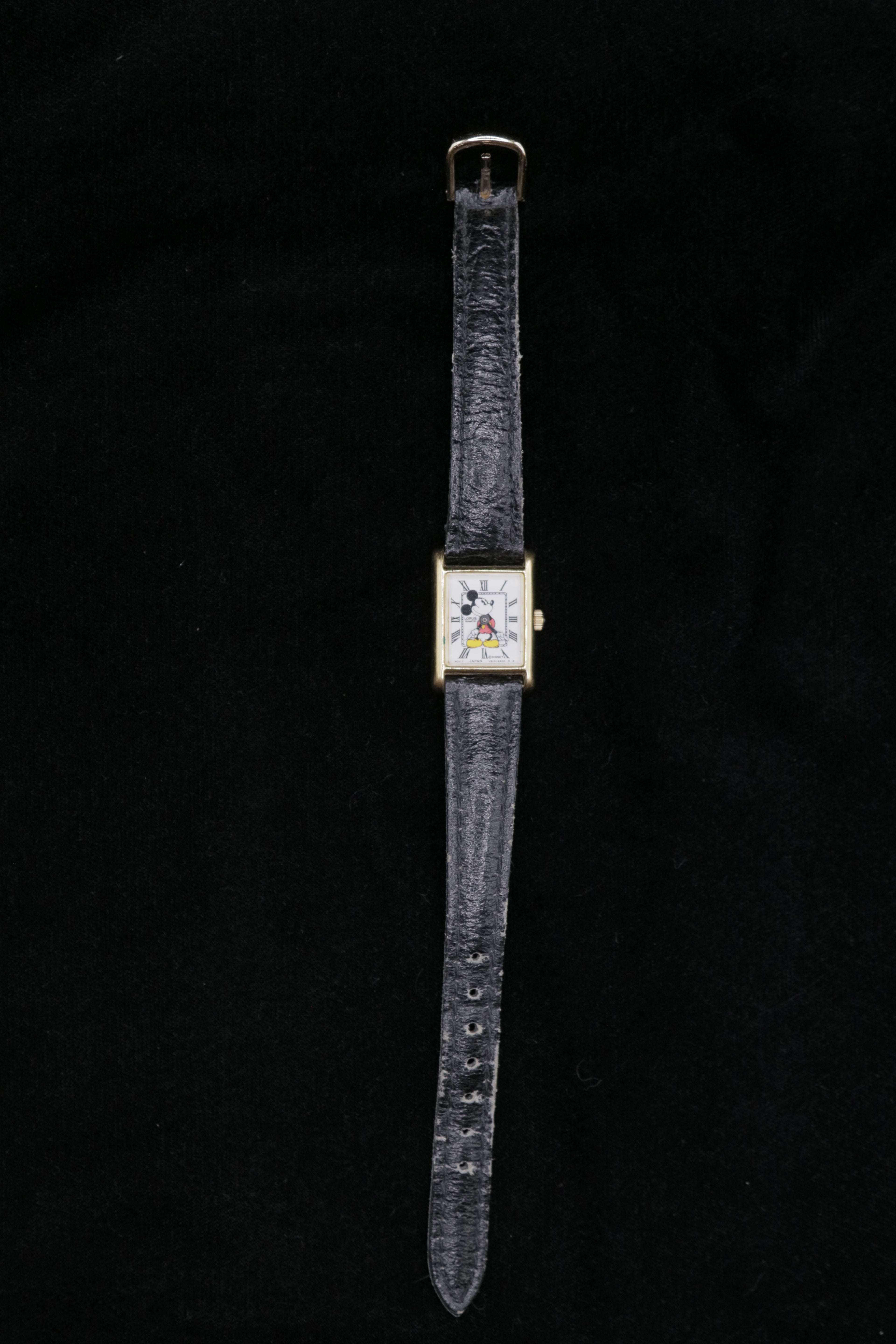 Vintage Disney Mickey Mouse Tank Watch – Gold Tone Rectangular Case – Quartz Character Watch