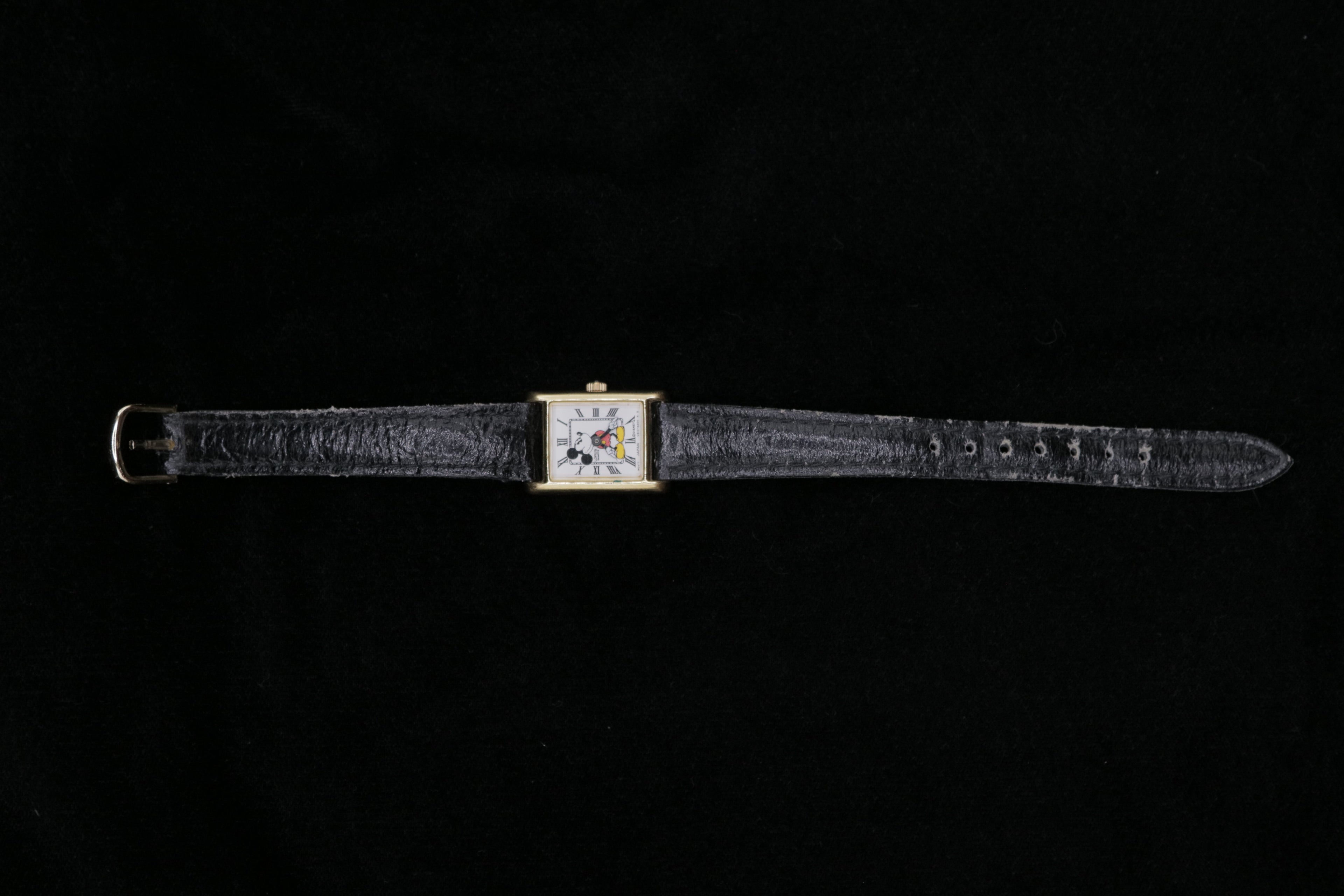 Vintage Disney Mickey Mouse Tank Watch – Gold Tone Rectangular Case – Quartz Character Watch